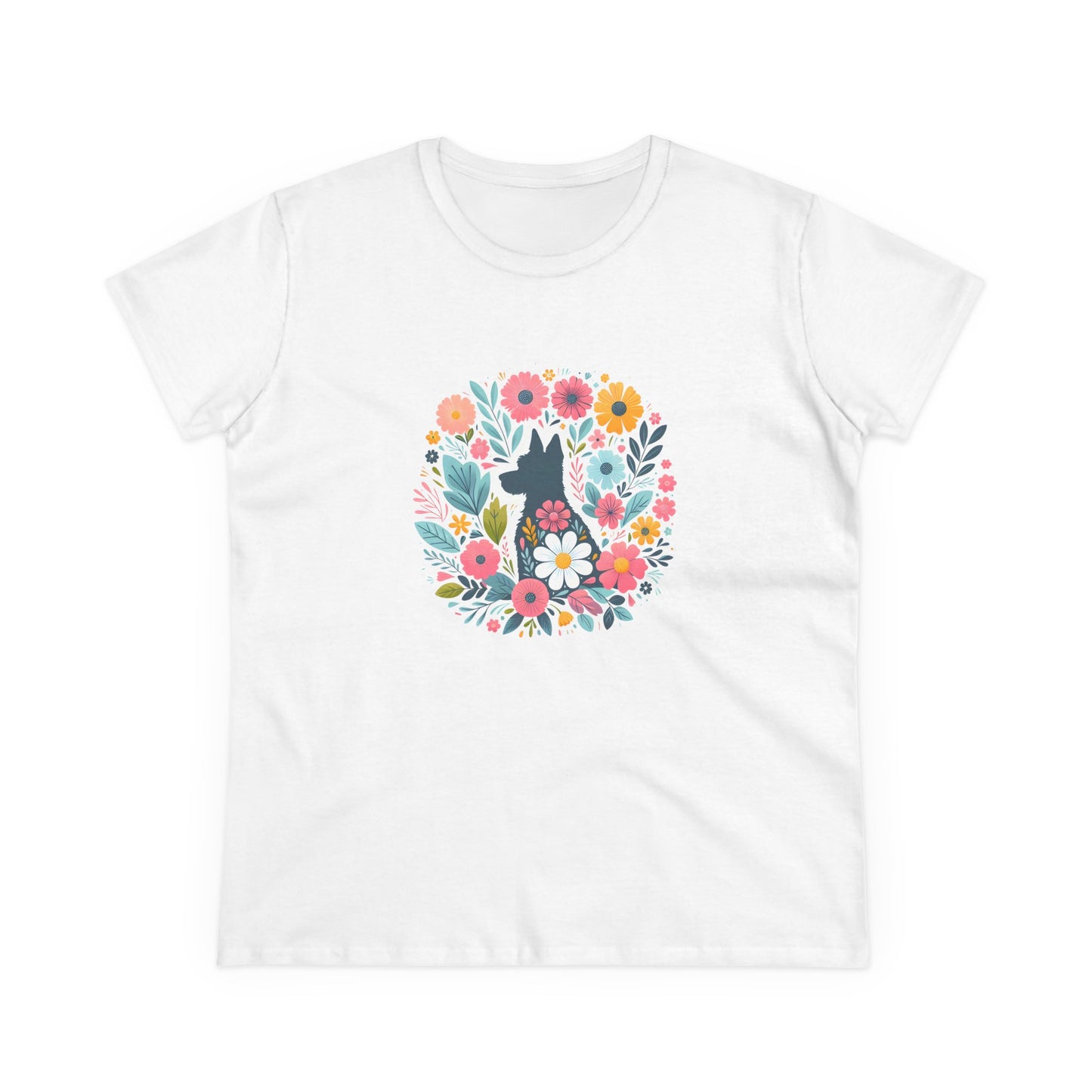 Floral Dog Silhouette Tee, Women's Cotton T-Shirt, Animal Lover Gift, Cute Summer Top, Pet Owner Apparel, Nature Inspired Design