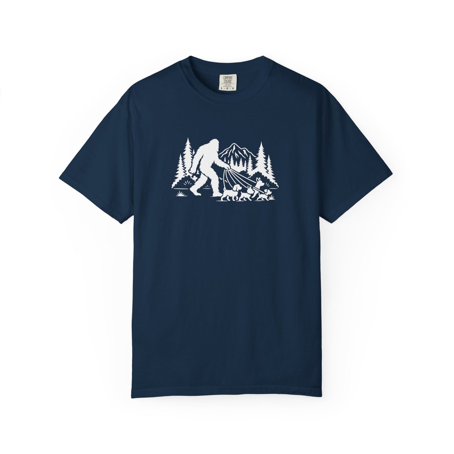 Bigfoot dog walk T-Shirt with Outdoor Adventure Design