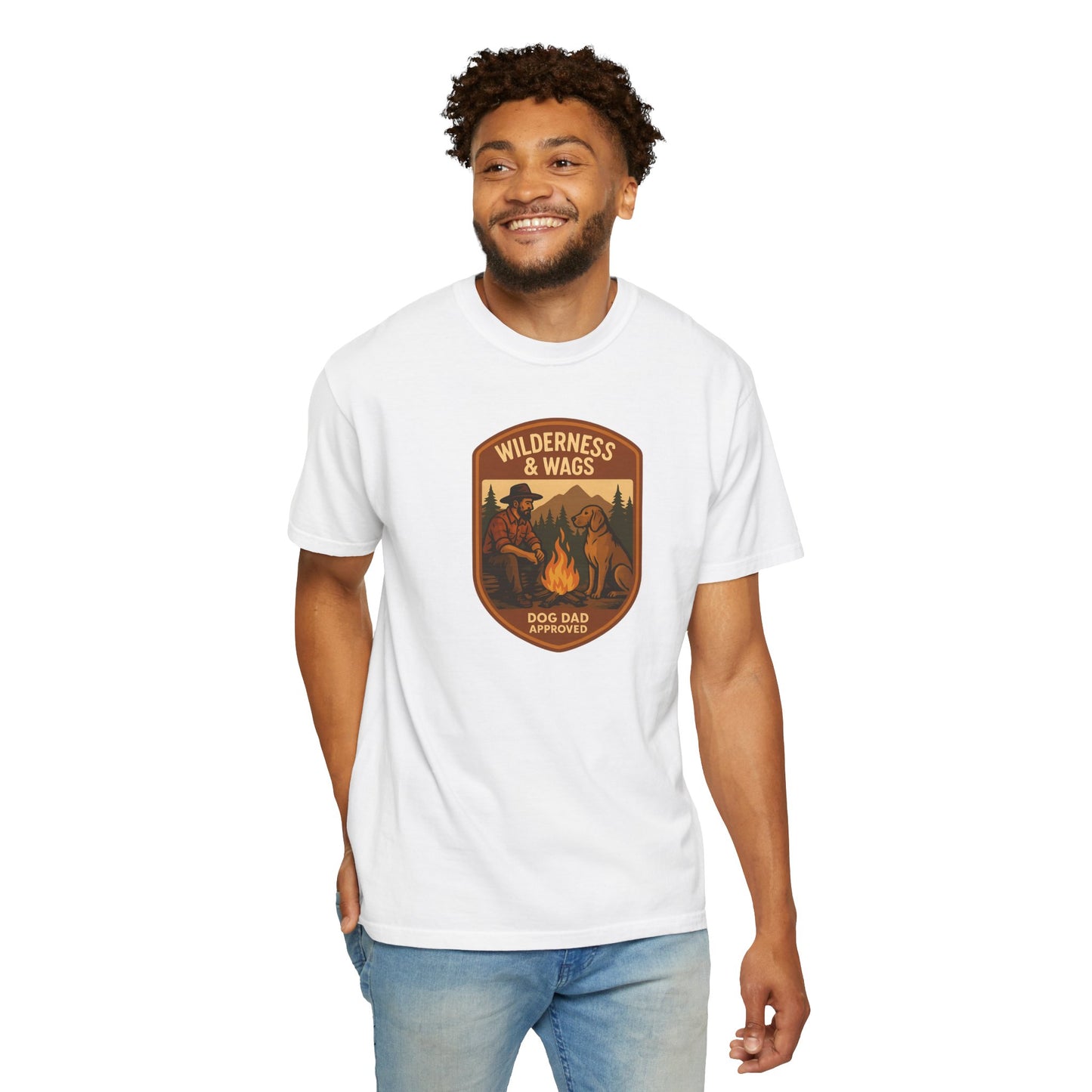 Wilderness & Wags Dog Dad Unisex T-Shirt, Dog Lover Gift, Camping Tee, Father’s Day Apparel, Nature-Inspired Shirt