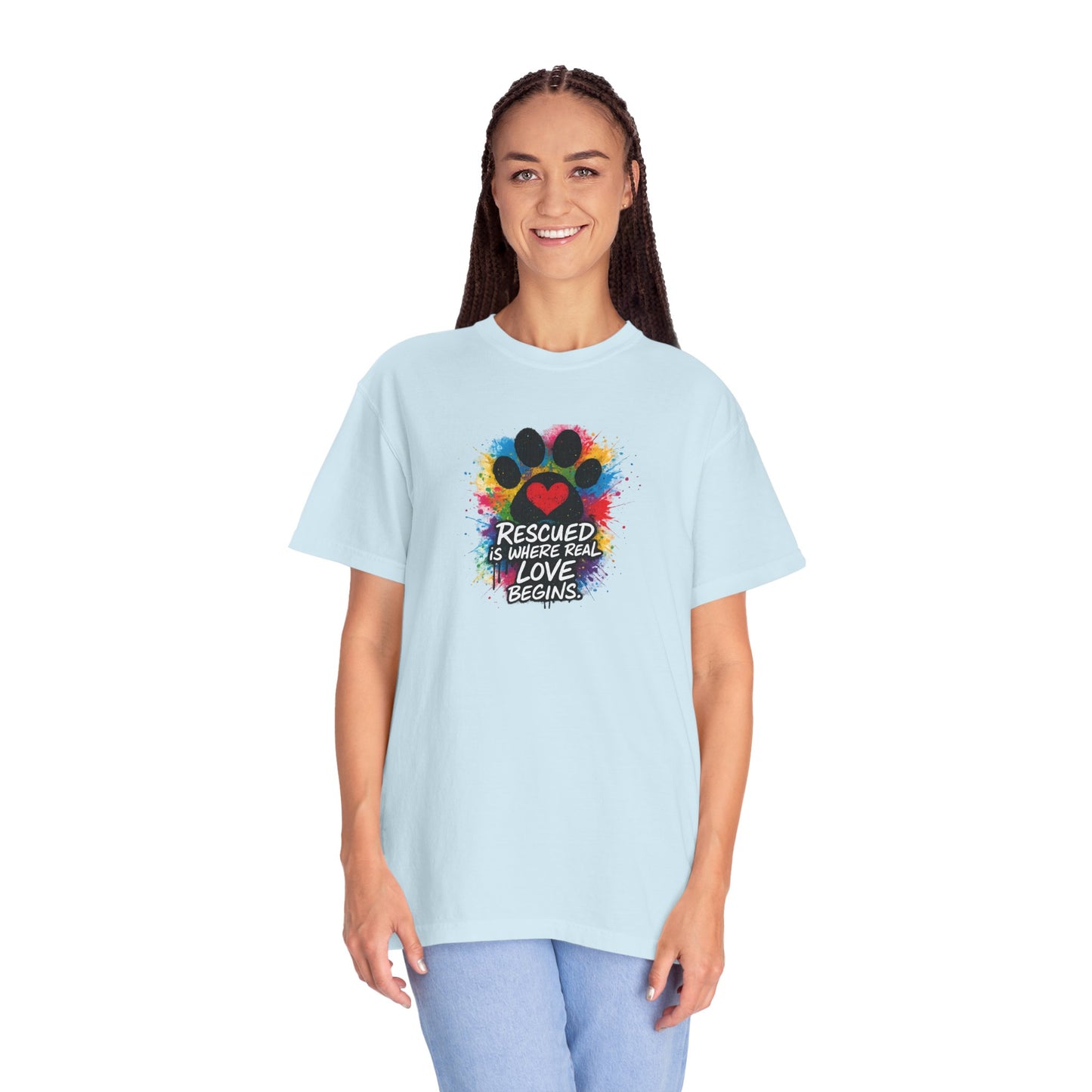 Rescued Is Where Real Love Begins T-Shirt | Paw Print Tee, Animal Lovers Gift, Dog Mom Shirt, Pet Adoption Awareness, Unisex Clothing