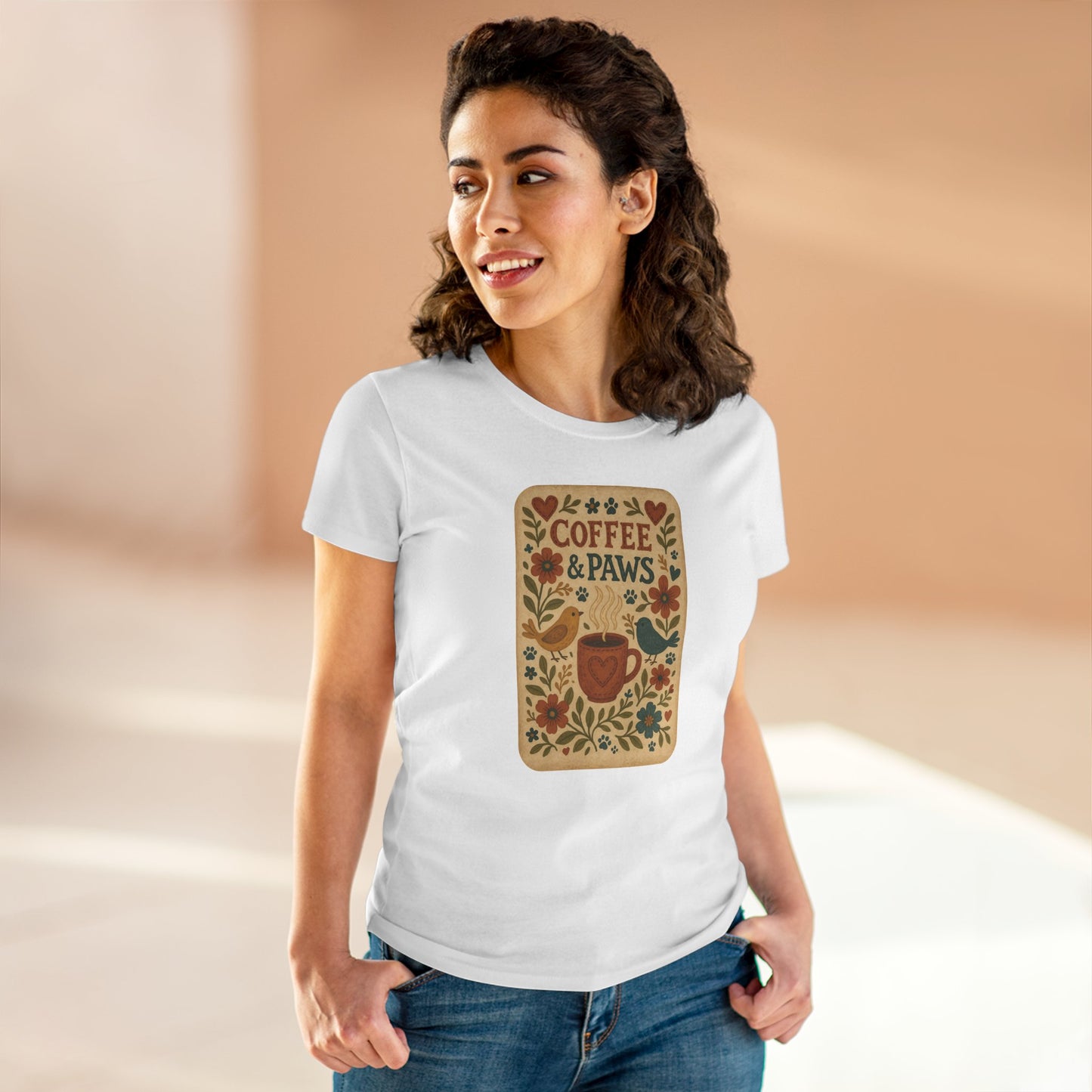 Coffee & Paws Women's Tee - Cozy Cotton Shirt for Pet Lovers, Casual Wear, Gift for Dog Owners, Dog Mom Merchandise, Animal Lover Tee