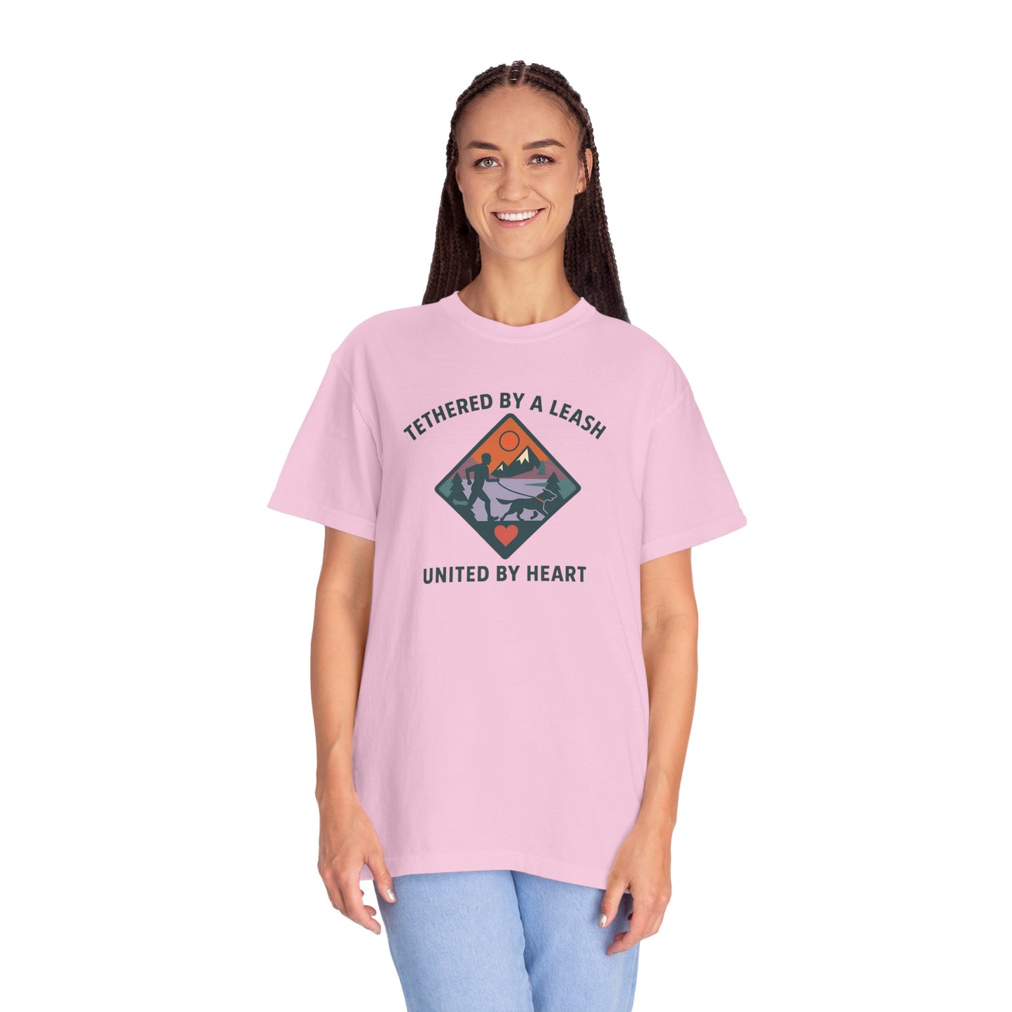 Canicross - Tethered by a Leash Unisex Garment-Dyed T-shirt - Adventure and Heart Design