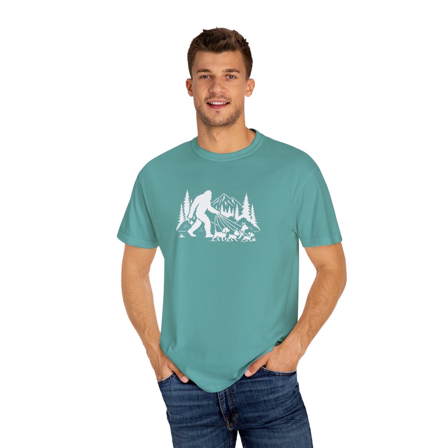 Bigfoot dog walk T-Shirt with Outdoor Adventure Design