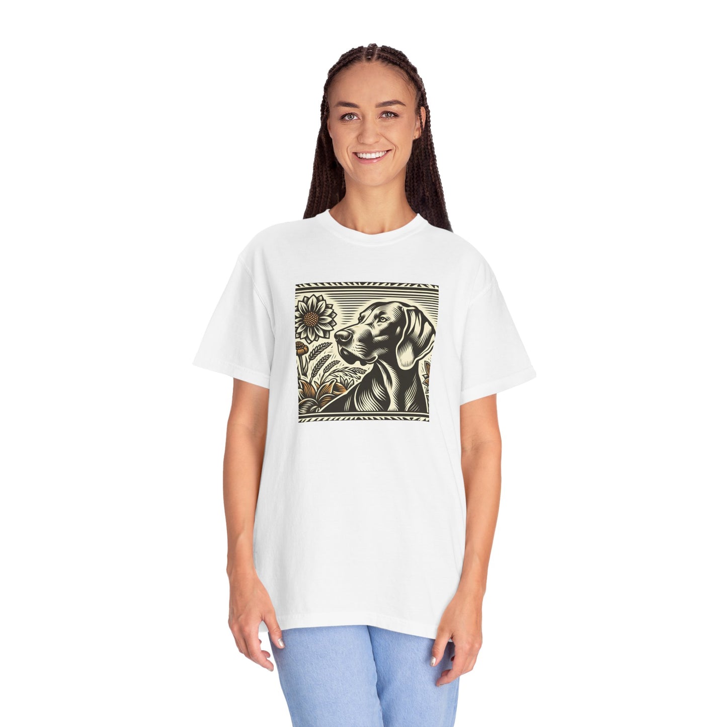 Weimaraner Dog Lover's Unisex Garment-Dyed T-Shirt with Floral Design
