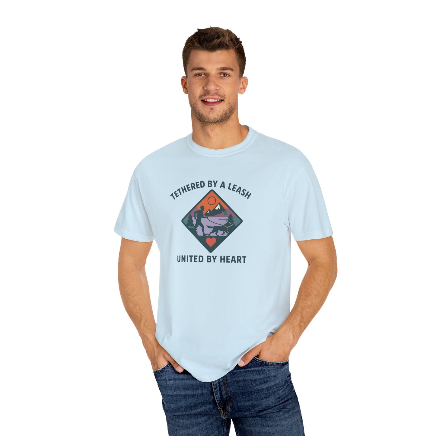 Canicross - Tethered by a Leash Unisex Garment-Dyed T-shirt - Adventure and Heart Design