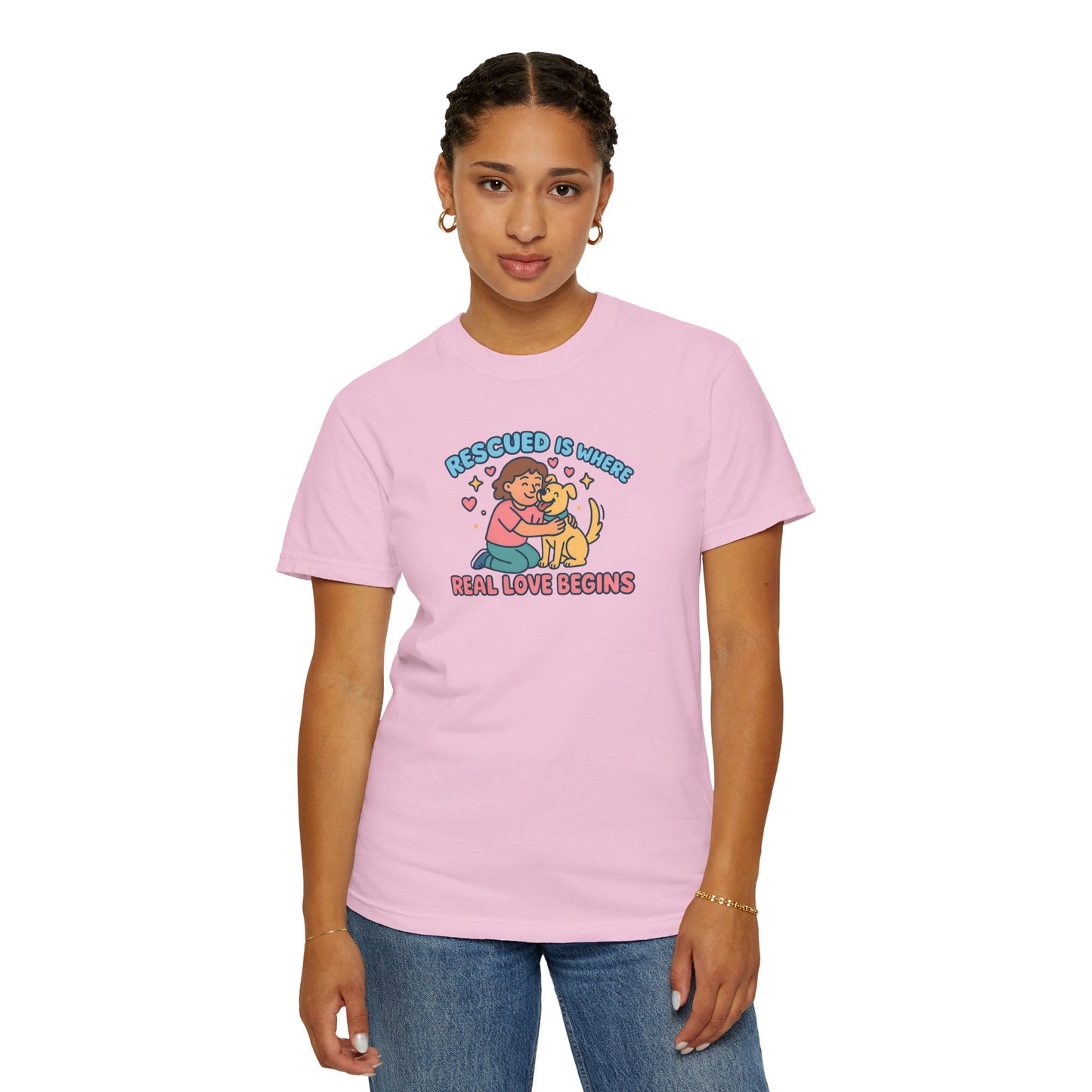 Rescued Is Where Real Love Begins Unisex T-Shirt - For Animal Lovers, Gift for Dog Owners, Adoption Awareness Tee, Casual Wear, Eco-Friendly Fashion