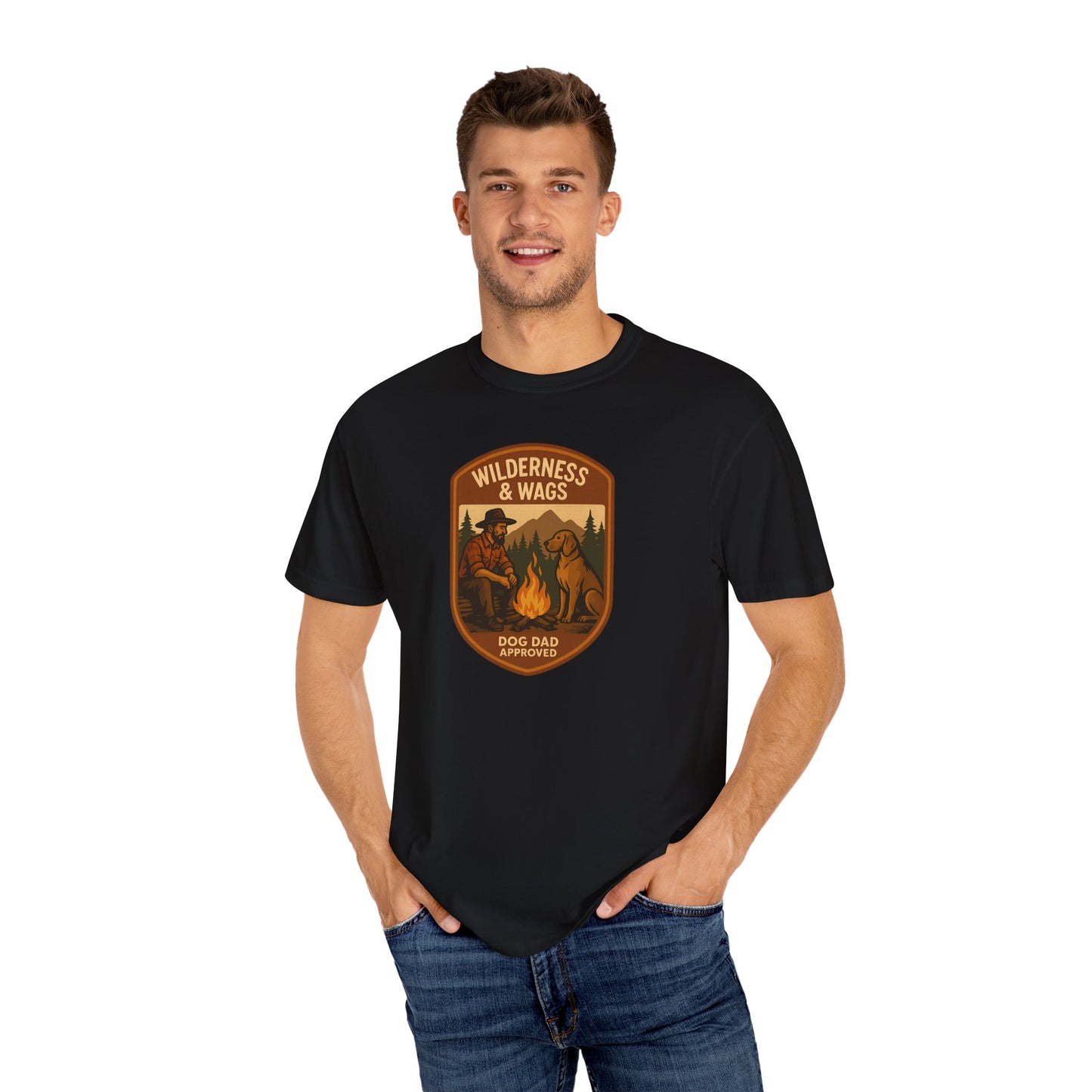 Wilderness & Wags Dog Dad Unisex T-Shirt, Dog Lover Gift, Camping Tee, Father’s Day Apparel, Nature-Inspired Shirt