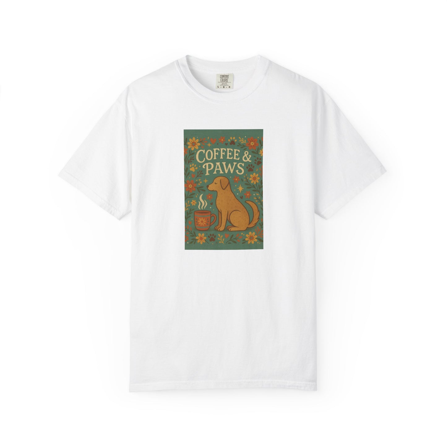 Coffee & Paws Unisex Garment-Dyed T-Shirt - Cute Dog Lovers Gift, Pet Owners Tee, Floral Design, Coffee Enthusiast Top, Casual Wear
