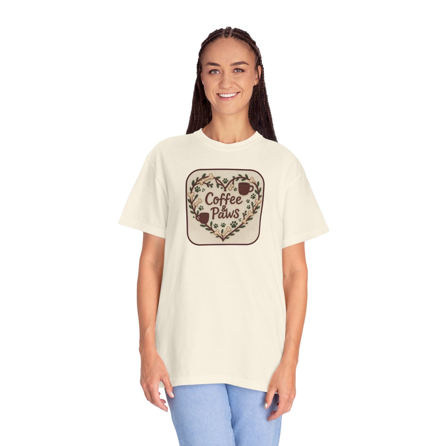 Coffee Paws Unisex Garment-Dyed T-shirt, Cute Coffee Lover Tee, Gift for Dog Owners, Nature-Inspired Shirt, Cozy Casual Wear