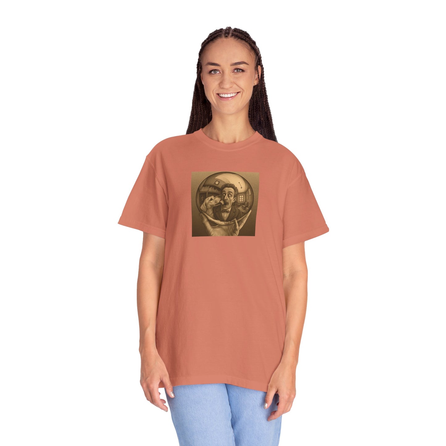 MC Escher and His Dog Unisex Garment-Dyed T-shirt - Retro Design for Creative Souls