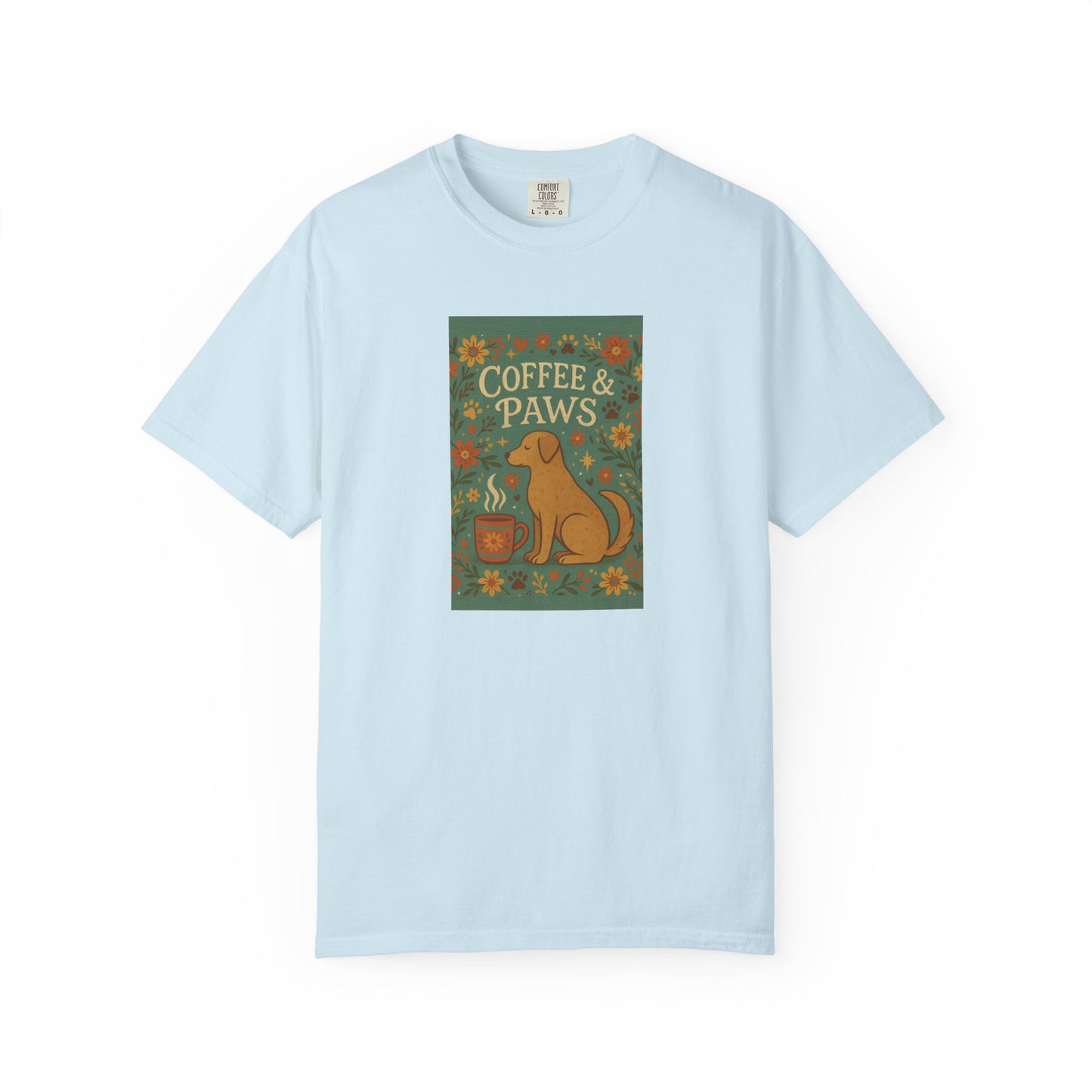 Coffee & Paws Unisex Garment-Dyed T-Shirt - Cute Dog Lovers Gift, Pet Owners Tee, Floral Design, Coffee Enthusiast Top, Casual Wear