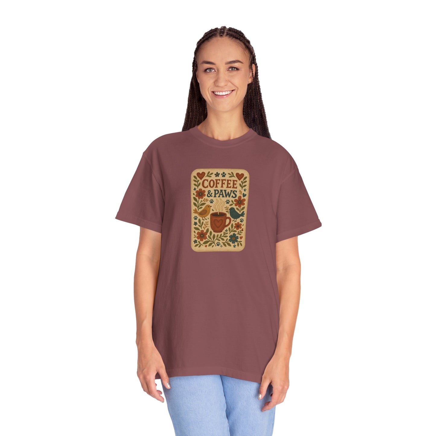 Coffee and Paws Unisex T-Shirt | Cute Pet Lover Tee, Gift for Dog Owners, Casual Wear, Animal Lover Apparel, Perfect for Coffee Lovers