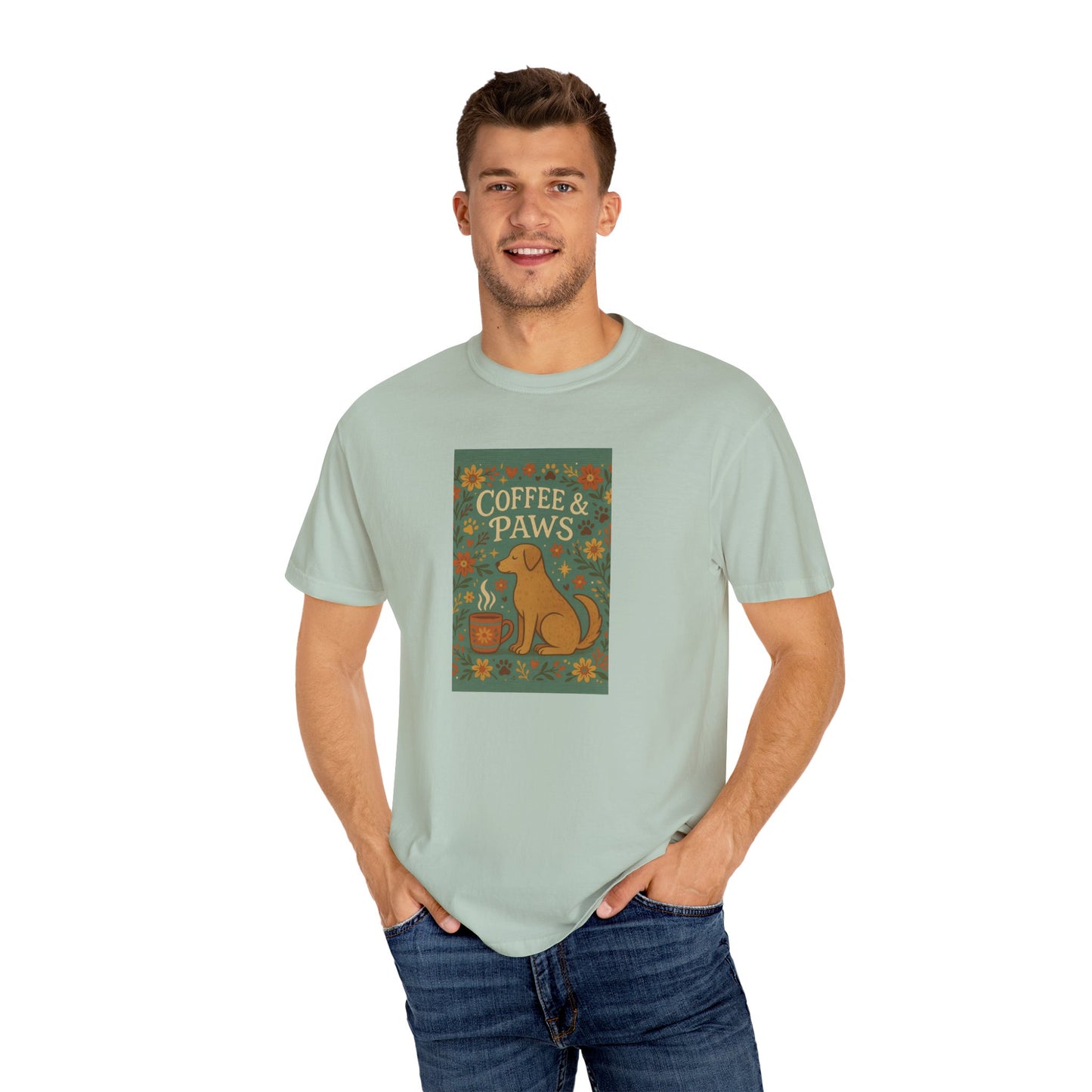 Coffee & Paws Unisex Garment-Dyed T-Shirt - Cute Dog Lovers Gift, Pet Owners Tee, Floral Design, Coffee Enthusiast Top, Casual Wear
