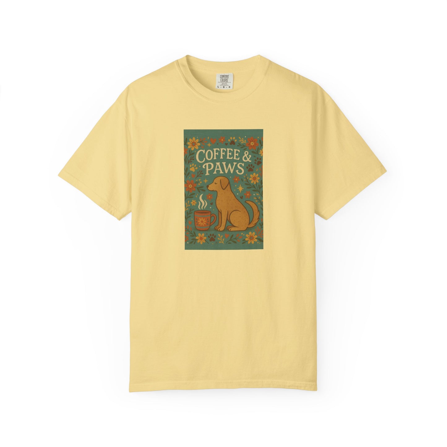 Coffee & Paws Unisex Garment-Dyed T-Shirt - Cute Dog Lovers Gift, Pet Owners Tee, Floral Design, Coffee Enthusiast Top, Casual Wear