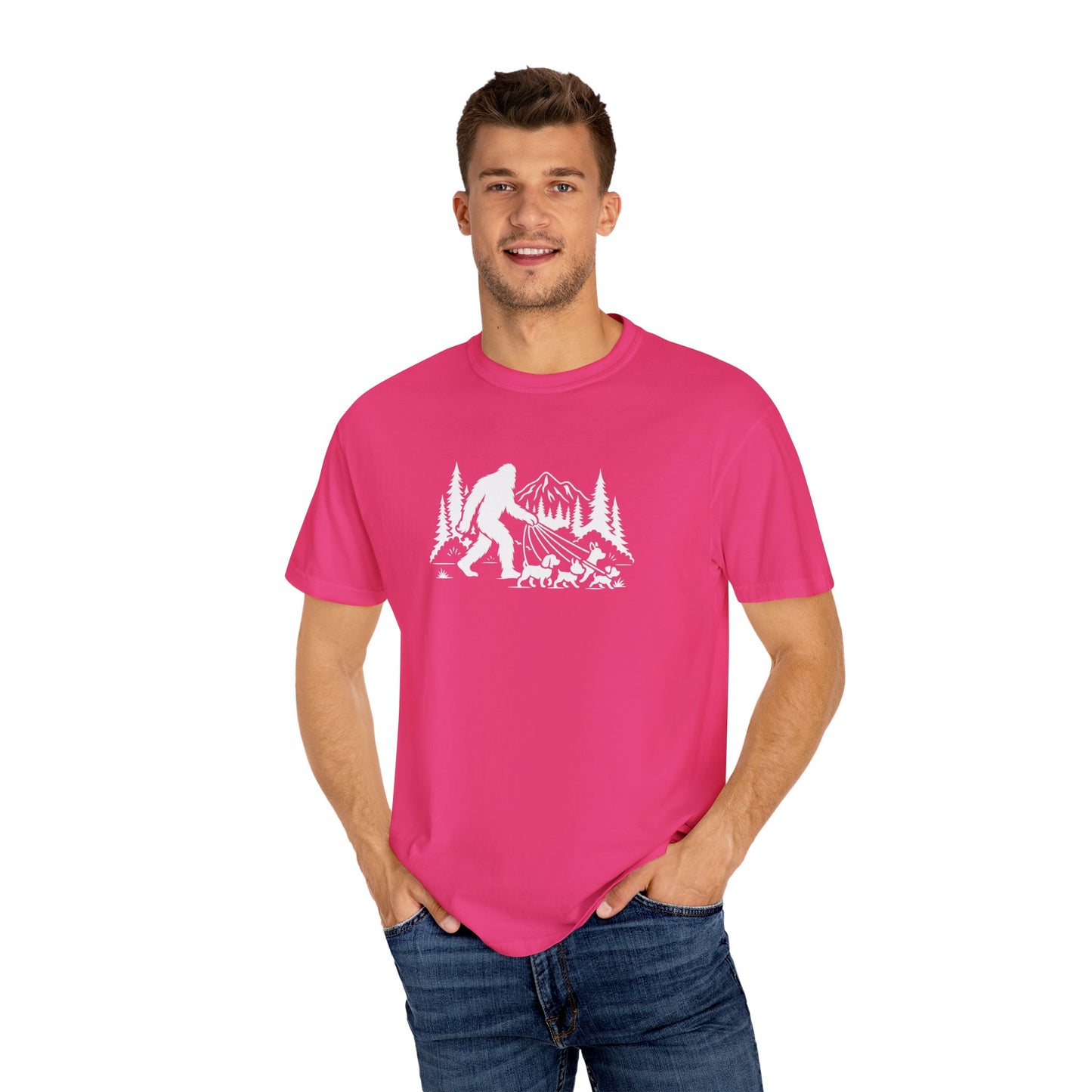 Bigfoot dog walk T-Shirt with Outdoor Adventure Design