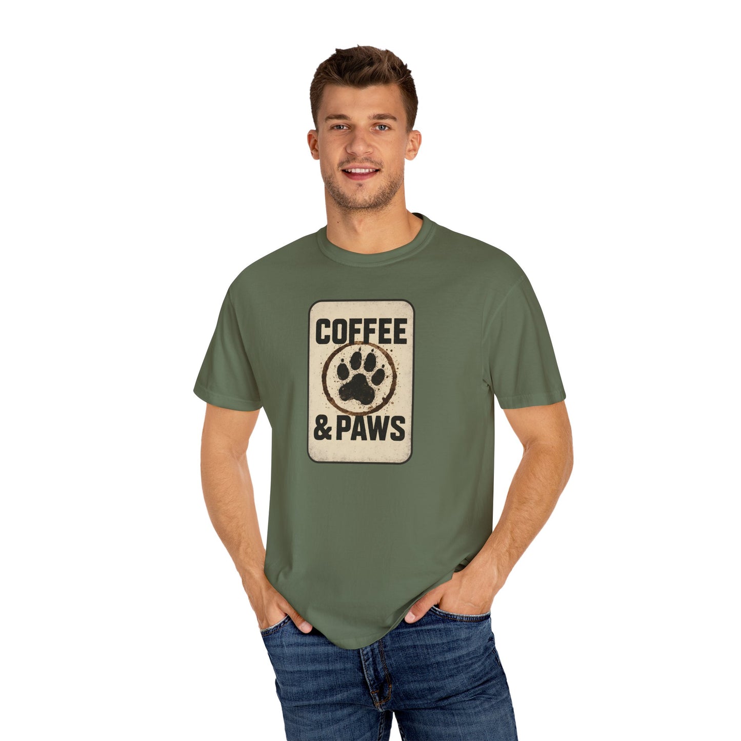 Coffee & Paws Unisex Garment-Dyed T-shirt, Dog Lover Tee, Pet Owner Gift, Coffee Lover Shirt, Animal Enthusiast Apparel, Casual Wear