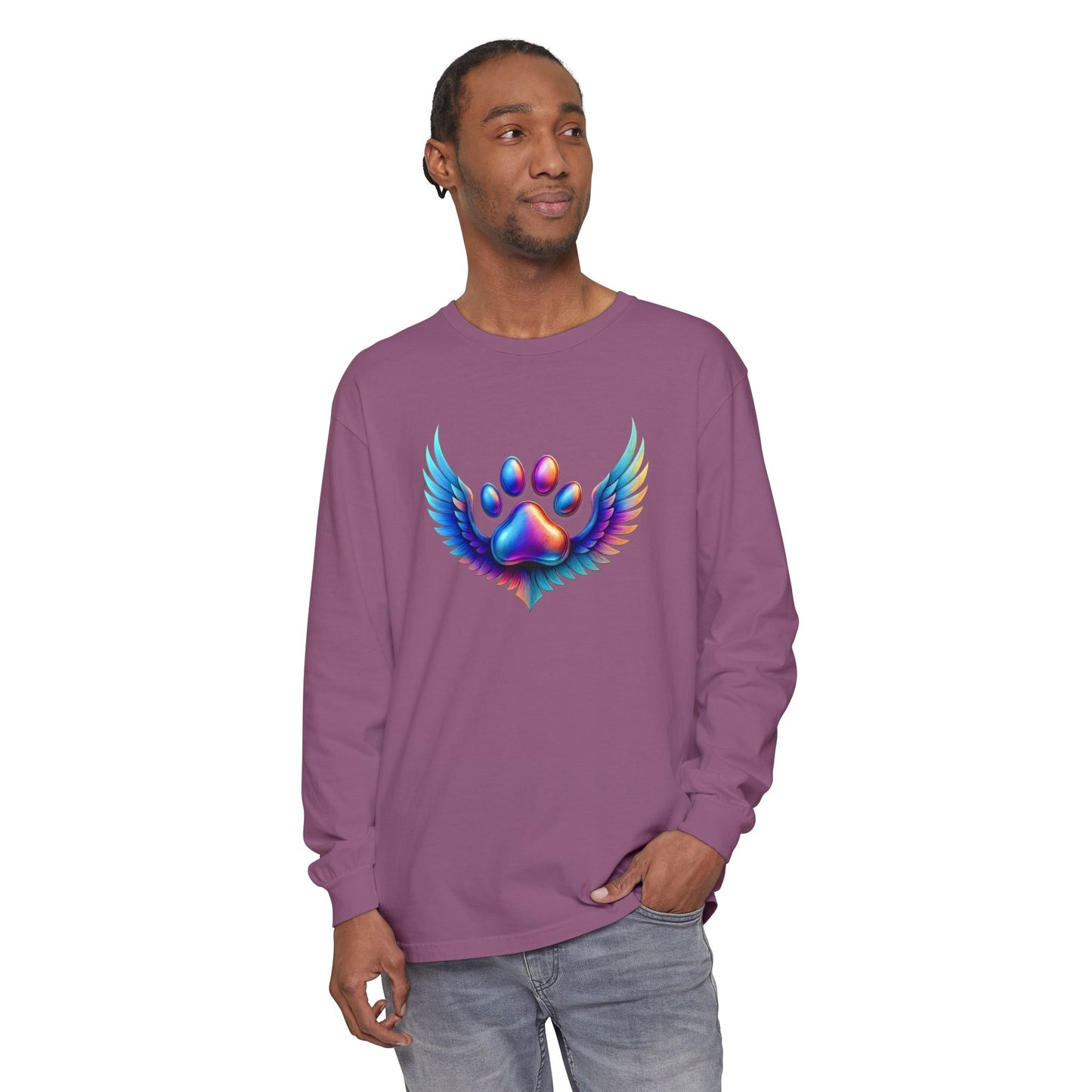 Colorful Paw Print Long Sleeve T-Shirt, Animal Lover Gift, Pet Memorial Tee, Winged Paw Shirt, Unisex Graphic Tee