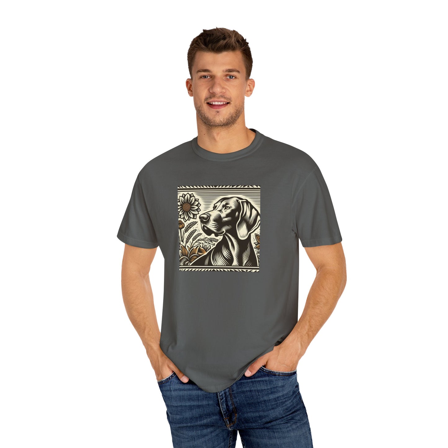 Weimaraner Dog Lover's Unisex Garment-Dyed T-Shirt with Floral Design