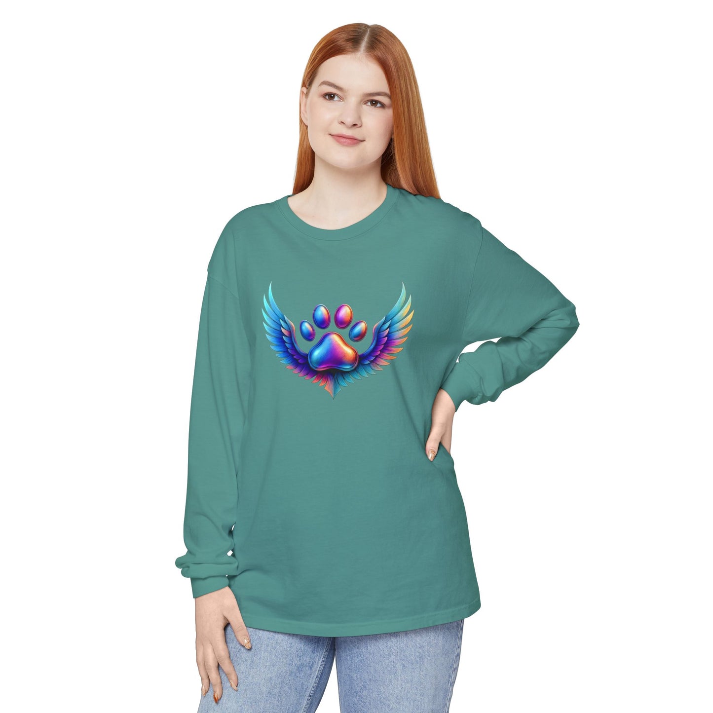 Colorful Paw Print Long Sleeve T-Shirt, Animal Lover Gift, Pet Memorial Tee, Winged Paw Shirt, Unisex Graphic Tee