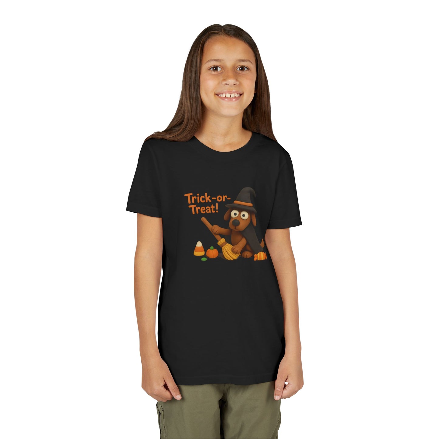 Halloween Dog Trick-or-Treat Youth Tee, Cute Kids T-Shirt, Fall Apparel, Halloween Costume, Gift for Kids, Fun Dog Shirt