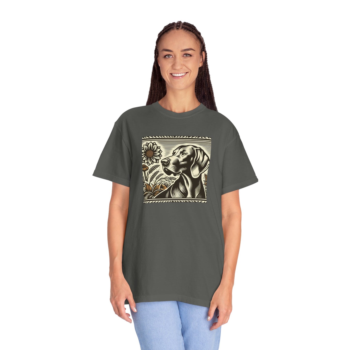 Weimaraner Dog Lover's Unisex Garment-Dyed T-Shirt with Floral Design