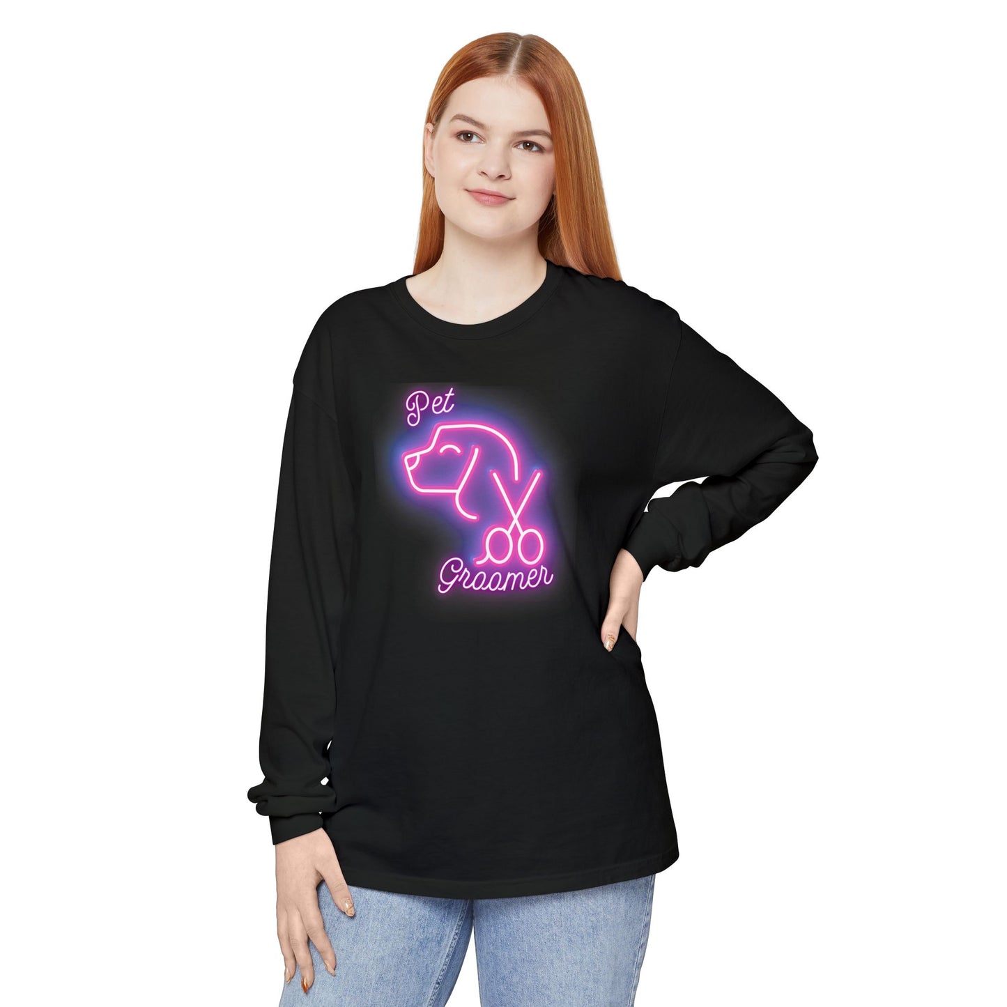 Pink Neon Pet Groomer Long Sleeve T-Shirt - Cute Neon Design for Animal Lovers