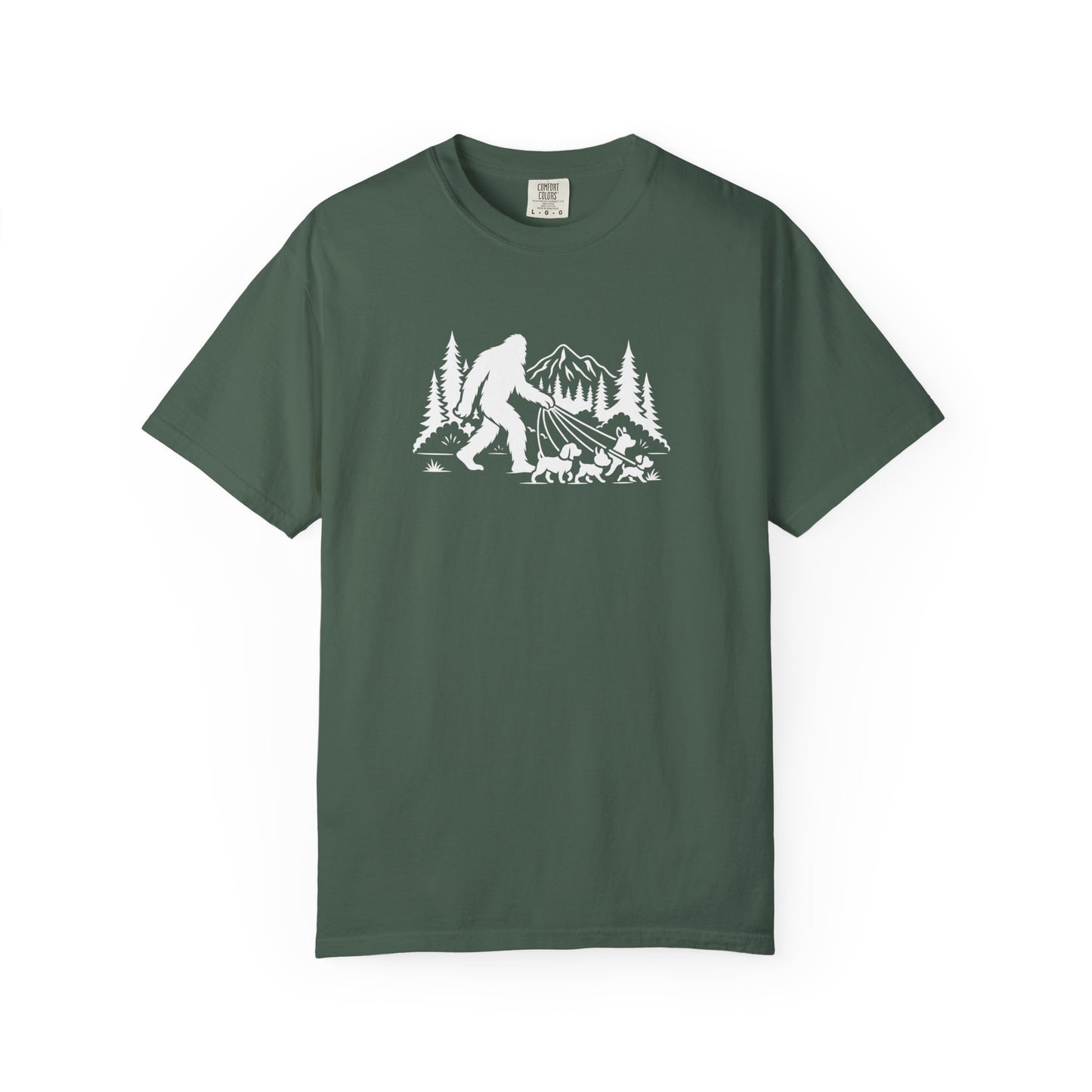 Bigfoot dog walk T-Shirt with Outdoor Adventure Design