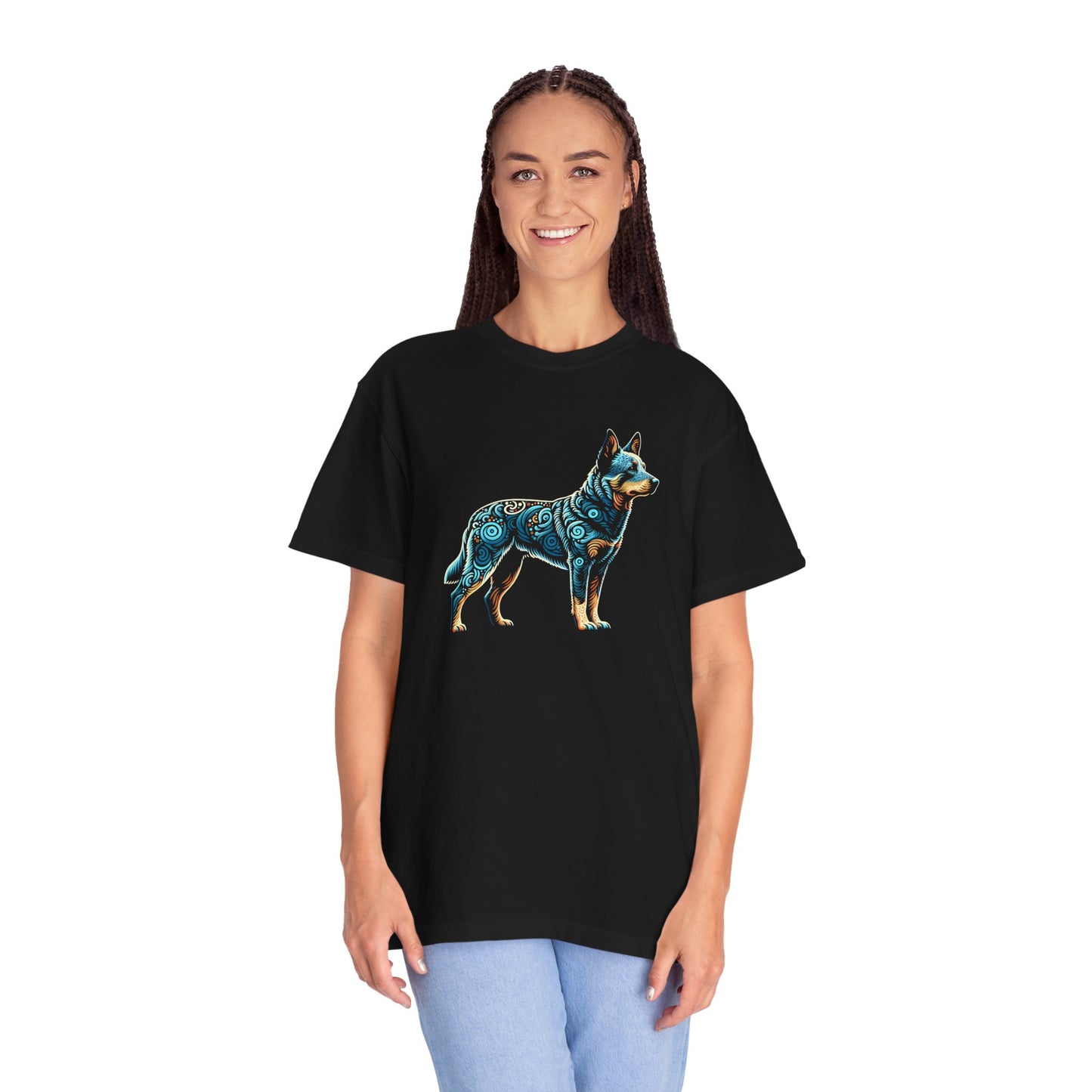 Vibrant Blue Heeler Print Unisex Garment-Dyed T-shirt - Perfect for Animal Lovers