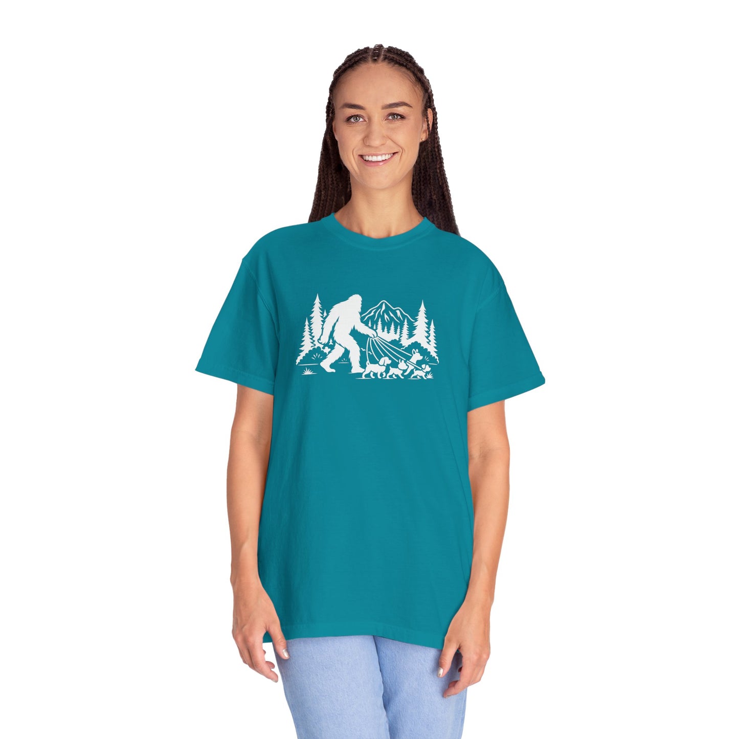 Bigfoot dog walk T-Shirt with Outdoor Adventure Design