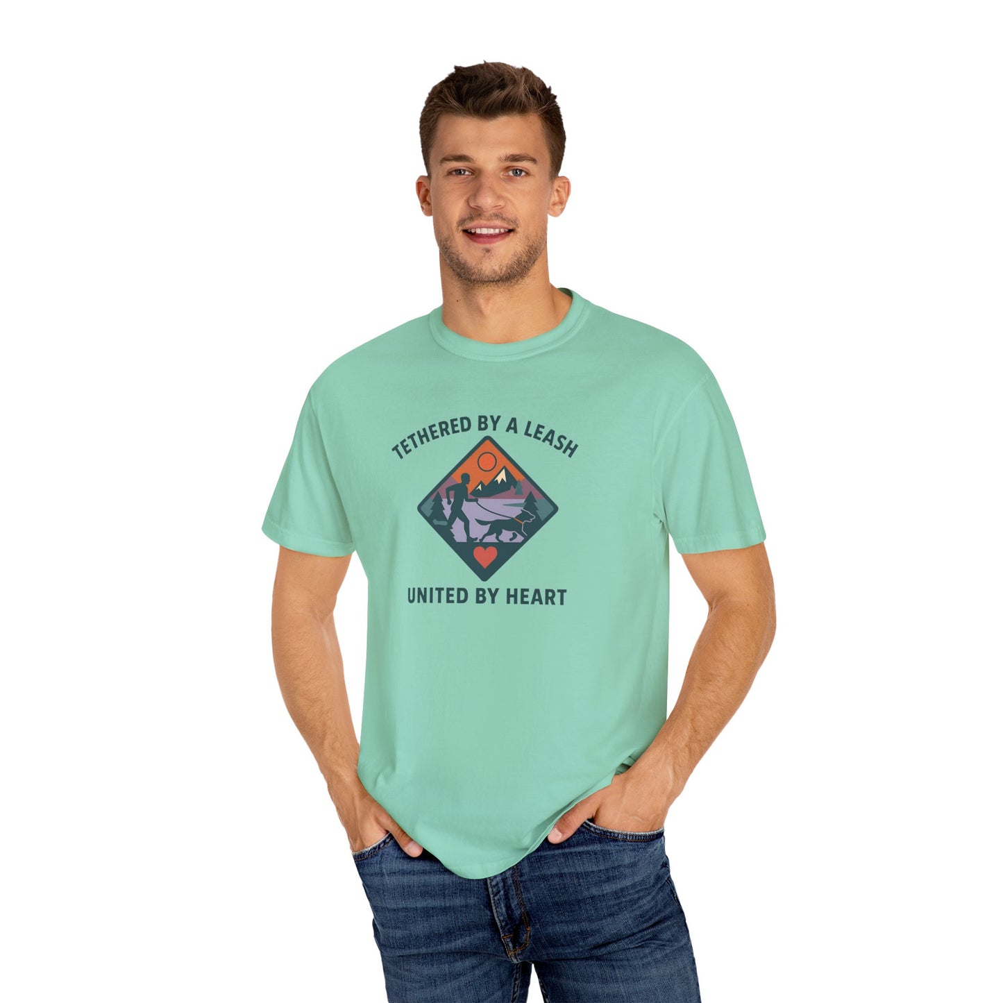 Canicross - Tethered by a Leash Unisex Garment-Dyed T-shirt - Adventure and Heart Design
