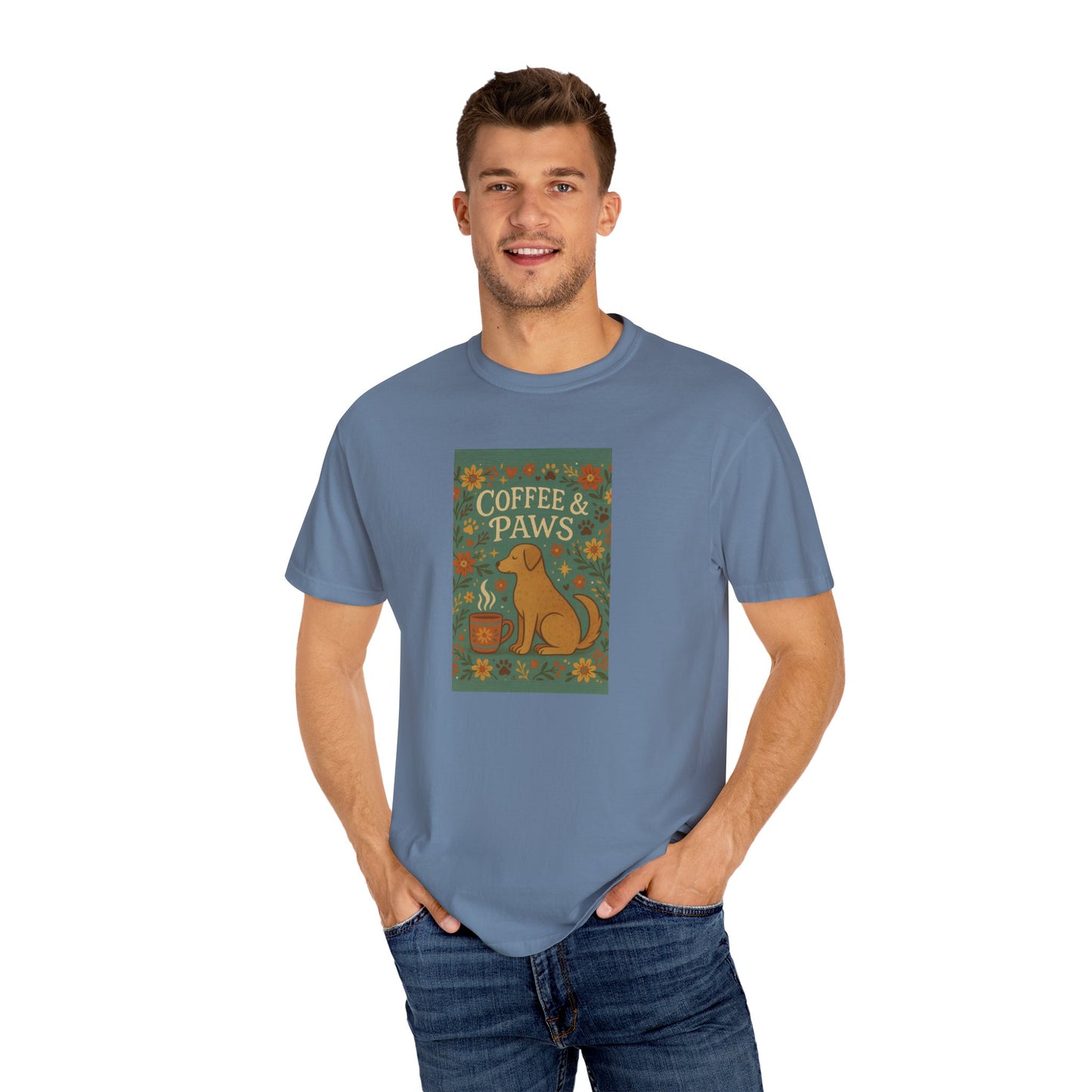 Coffee & Paws Unisex Garment-Dyed T-Shirt - Cute Dog Lovers Gift, Pet Owners Tee, Floral Design, Coffee Enthusiast Top, Casual Wear