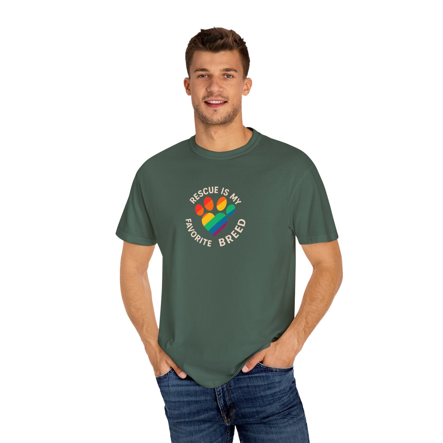 Rescue Is My Favorite Breed T-Shirt, Unisex Rainbow Dog Lover Tee, Pet Adoption Shirt, LGBTQ+ Apparel, Gift for Animal Lovers