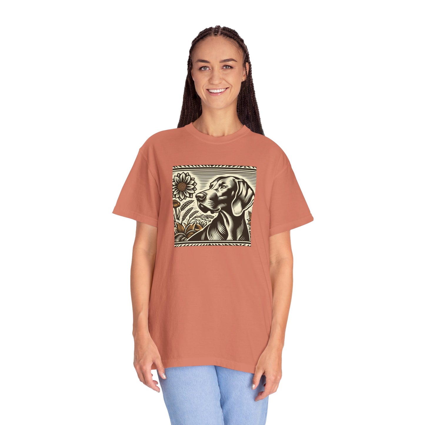 Weimaraner Dog Lover's Unisex Garment-Dyed T-Shirt with Floral Design