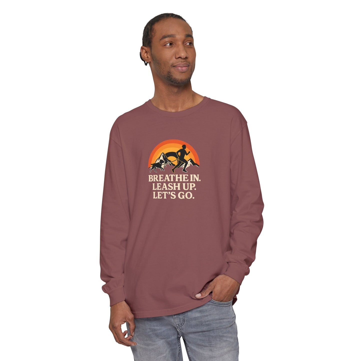 Canicross Unisex Long Sleeve T-Shirt - 'Breathe In, Leash Up, Let's Go'