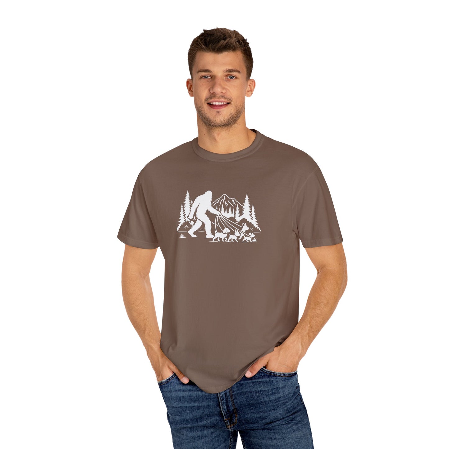 Bigfoot dog walk T-Shirt with Outdoor Adventure Design