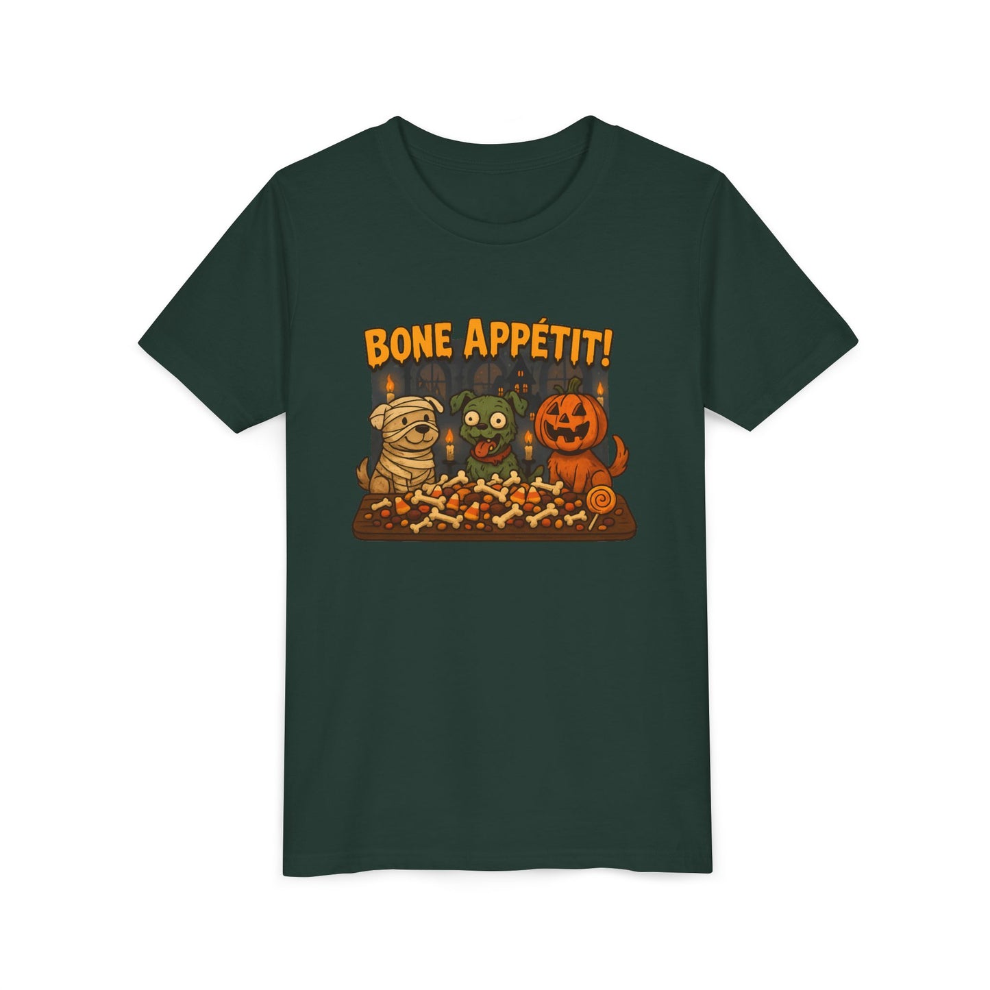 Halloween Kids Tee - Bone Appetit! Funny Short Sleeve Shirt for Trick or Treat, Spooky Season, Gift for Kids