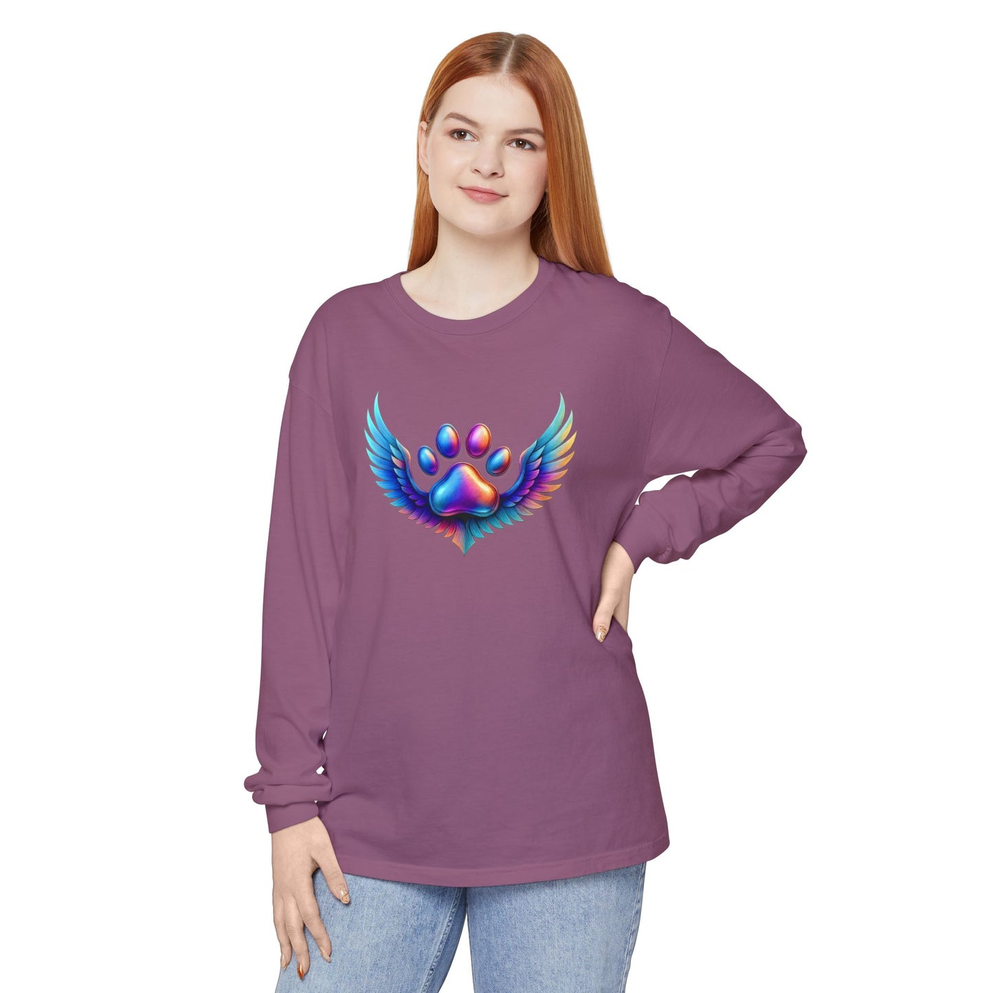 Colorful Paw Print Long Sleeve T-Shirt, Animal Lover Gift, Pet Memorial Tee, Winged Paw Shirt, Unisex Graphic Tee