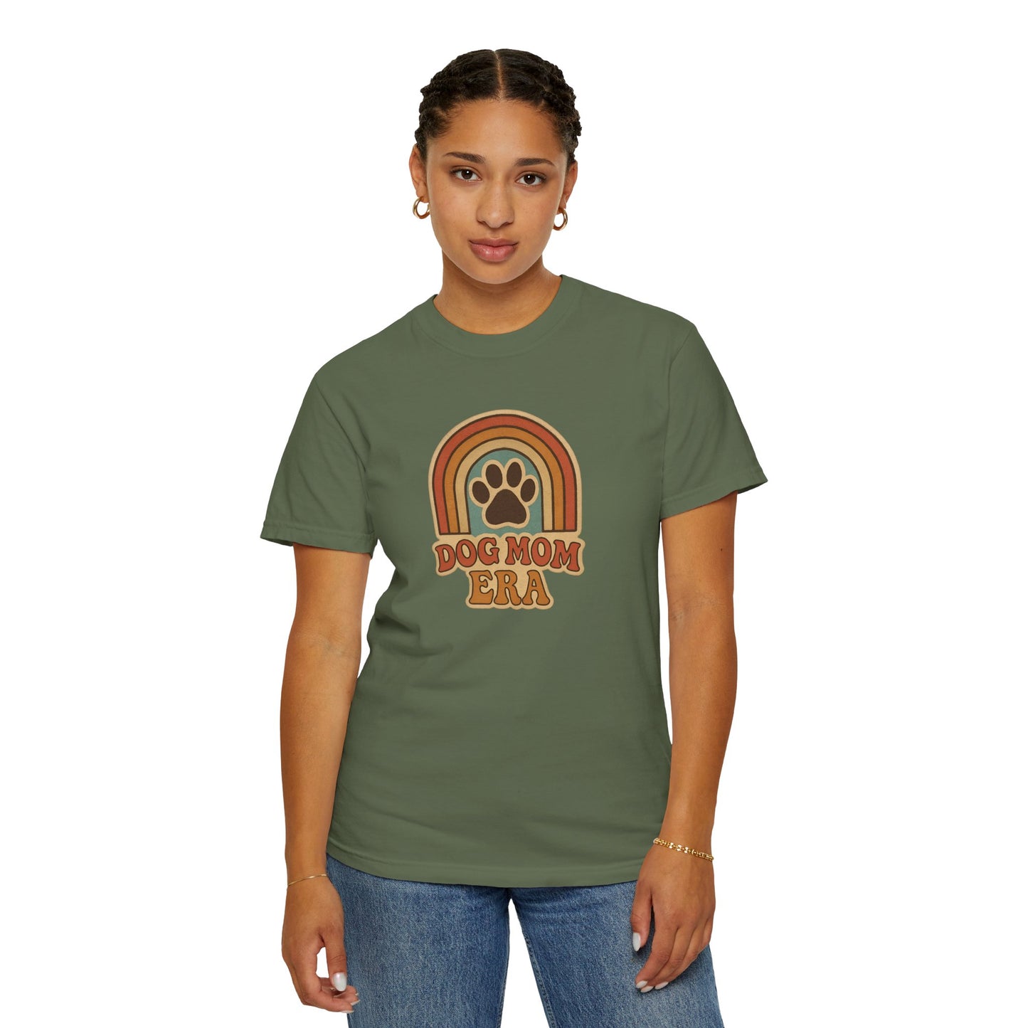 Dog Mom Era T-Shirt, Unisex Garment-Dyed Tee, Pet Lover Apparel, Gift for Dog Moms, Casual Everyday Wear, Rainbow Design