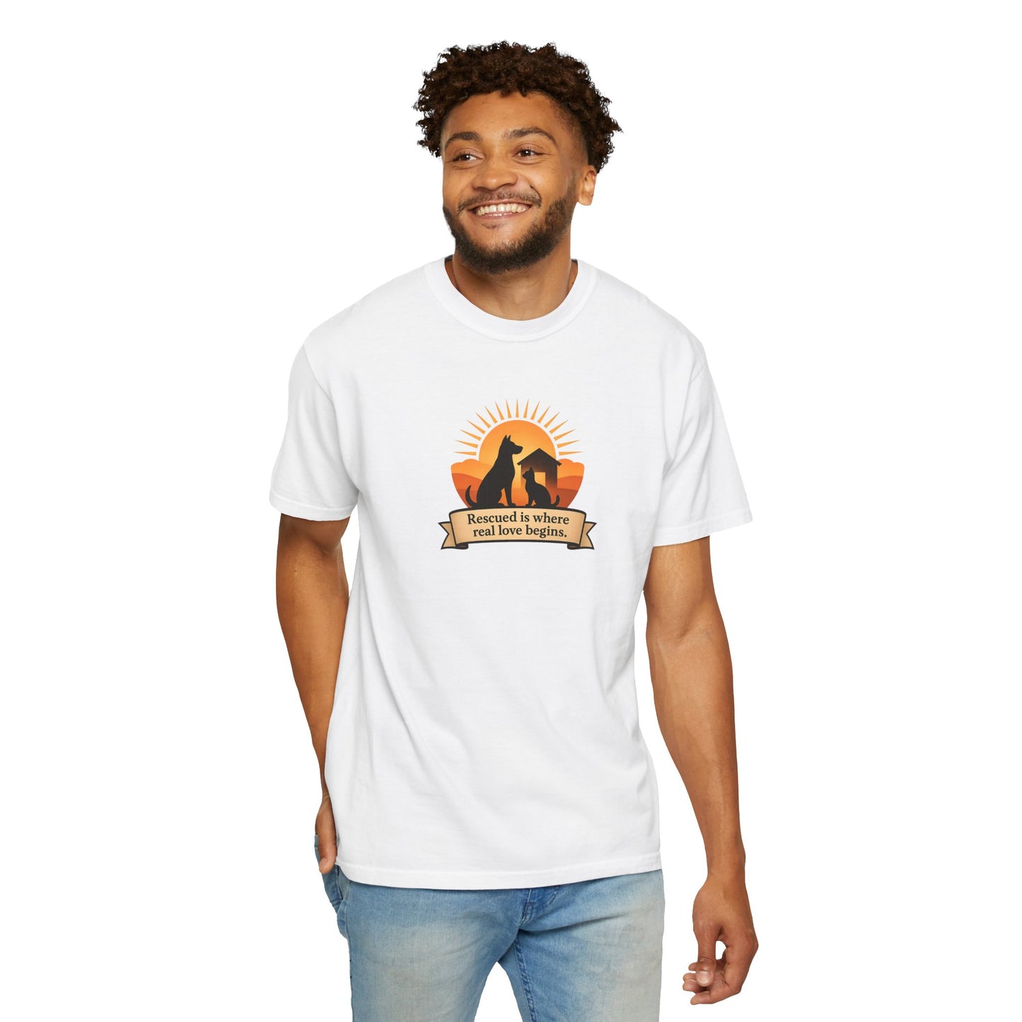 Rescued Is Where Real Love Begins Unisex Garment-Dyed T-Shirt - Perfect for Outdoor Lovers, Hiking, Gifts, Nature Enthusiasts, Casual Wear