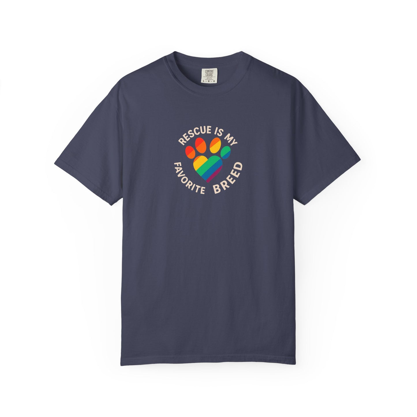 Rescue Is My Favorite Breed T-Shirt, Unisex Rainbow Dog Lover Tee, Pet Adoption Shirt, LGBTQ+ Apparel, Gift for Animal Lovers