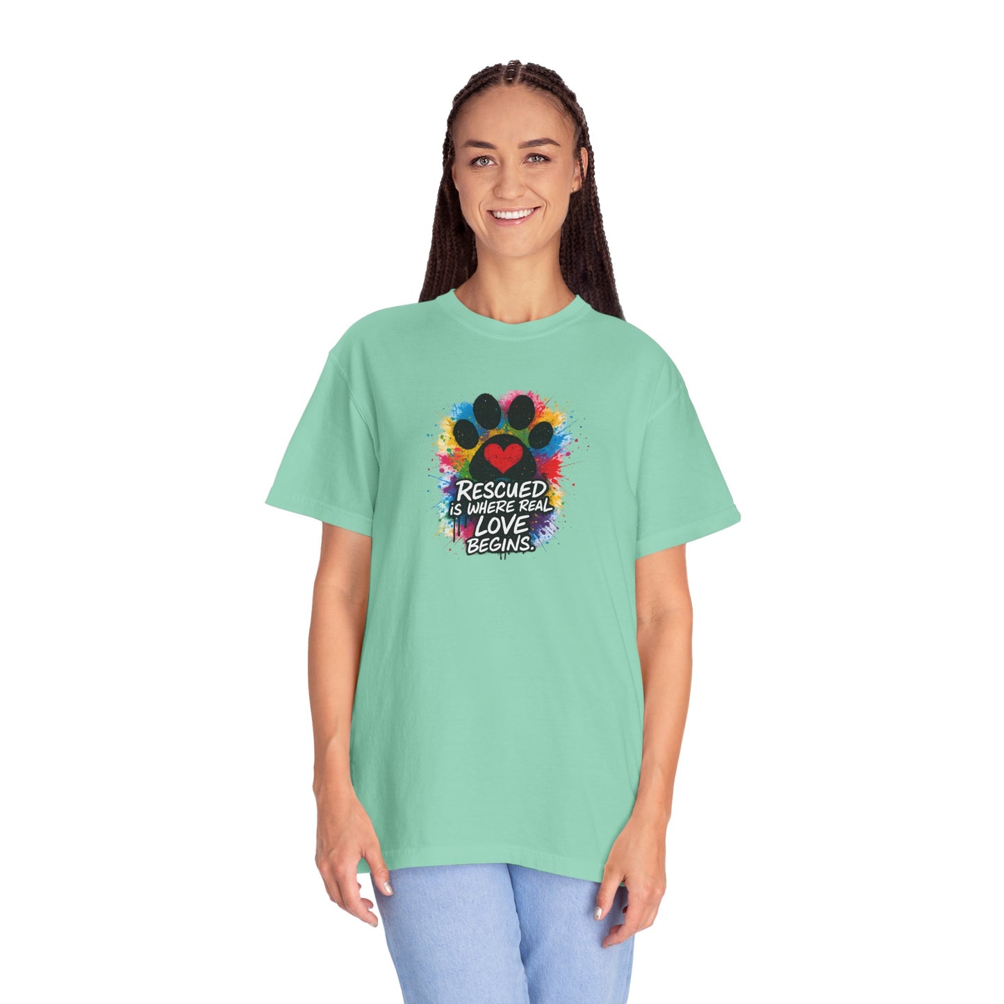Rescued Is Where Real Love Begins T-Shirt | Paw Print Tee, Animal Lovers Gift, Dog Mom Shirt, Pet Adoption Awareness, Unisex Clothing