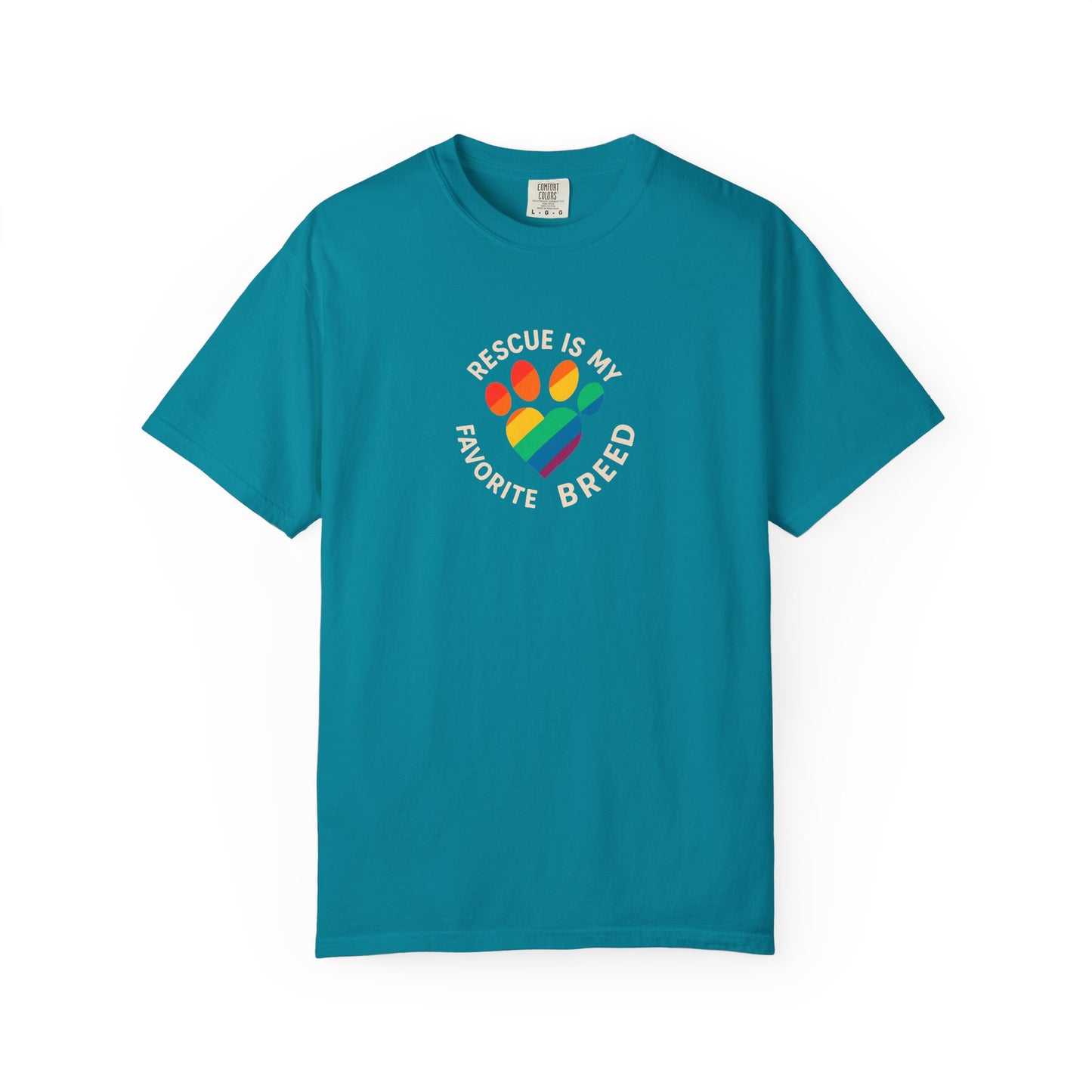Rescue Is My Favorite Breed T-Shirt, Unisex Rainbow Dog Lover Tee, Pet Adoption Shirt, LGBTQ+ Apparel, Gift for Animal Lovers