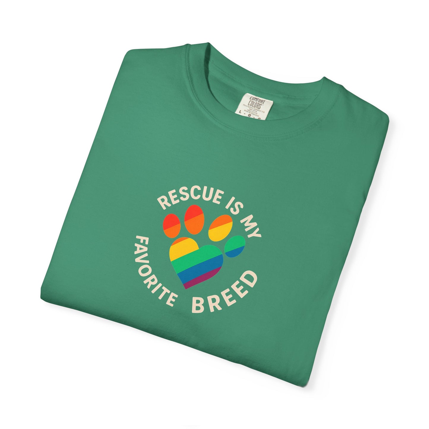 Rescue Is My Favorite Breed T-Shirt, Unisex Rainbow Dog Lover Tee, Pet Adoption Shirt, LGBTQ+ Apparel, Gift for Animal Lovers
