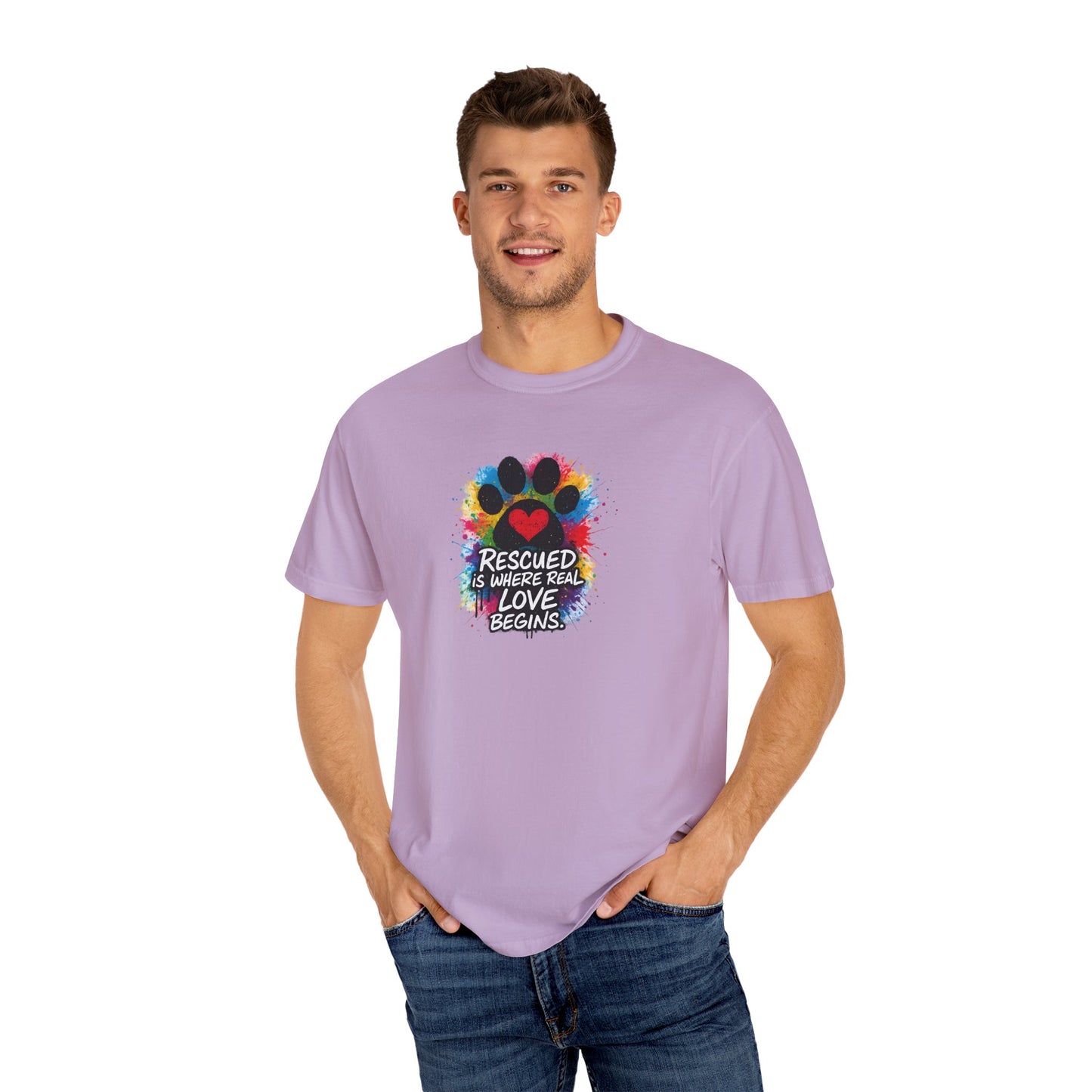 Rescued Is Where Real Love Begins T-Shirt | Paw Print Tee, Animal Lovers Gift, Dog Mom Shirt, Pet Adoption Awareness, Unisex Clothing