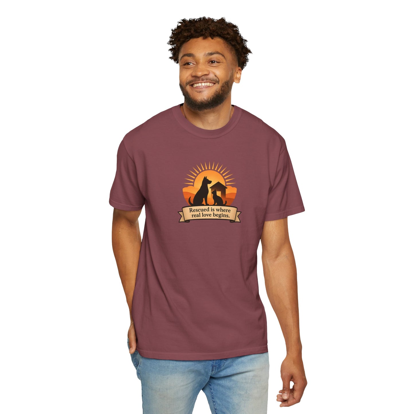 Rescued Is Where Real Love Begins Unisex Garment-Dyed T-Shirt - Perfect for Outdoor Lovers, Hiking, Gifts, Nature Enthusiasts, Casual Wear