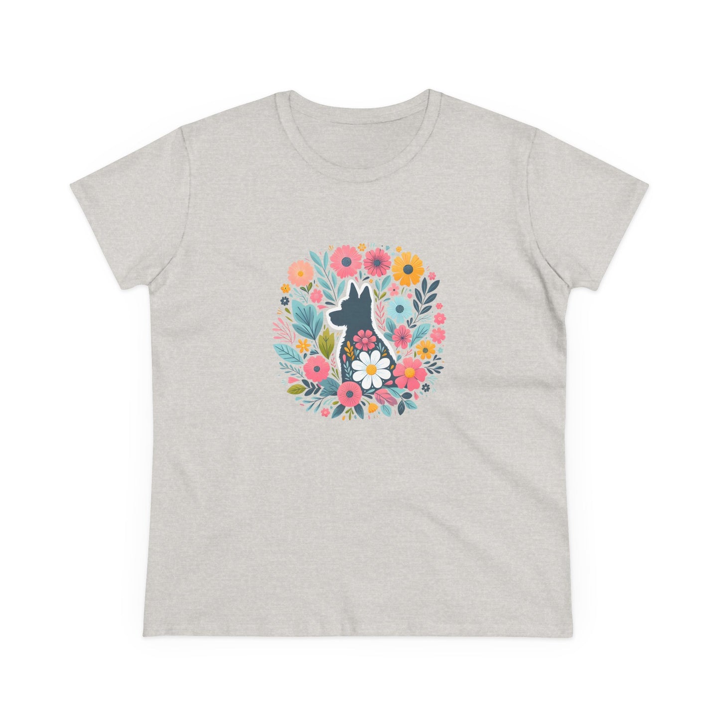 Floral Dog Silhouette Tee, Women's Cotton T-Shirt, Animal Lover Gift, Cute Summer Top, Pet Owner Apparel, Nature Inspired Design