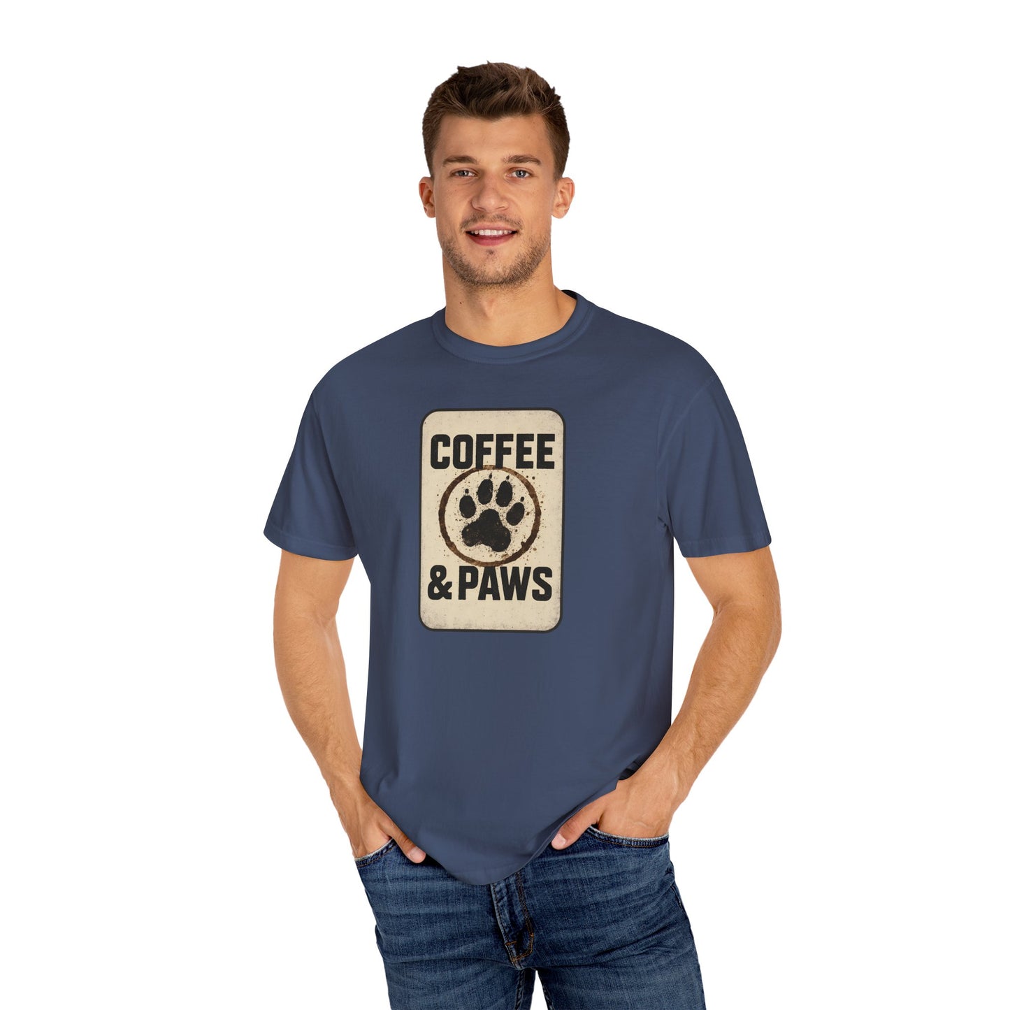 Coffee & Paws Unisex Garment-Dyed T-shirt, Dog Lover Tee, Pet Owner Gift, Coffee Lover Shirt, Animal Enthusiast Apparel, Casual Wear