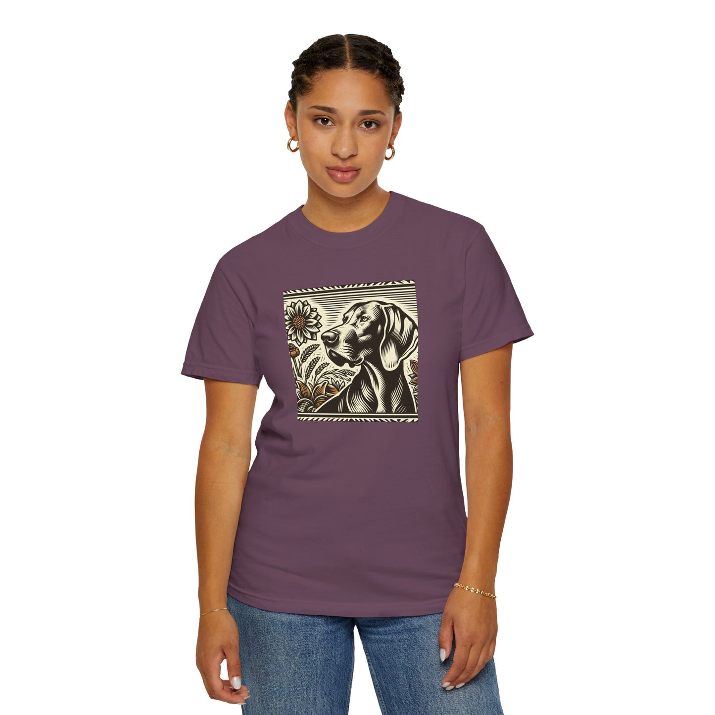 Weimaraner Dog Lover's Unisex Garment-Dyed T-Shirt with Floral Design