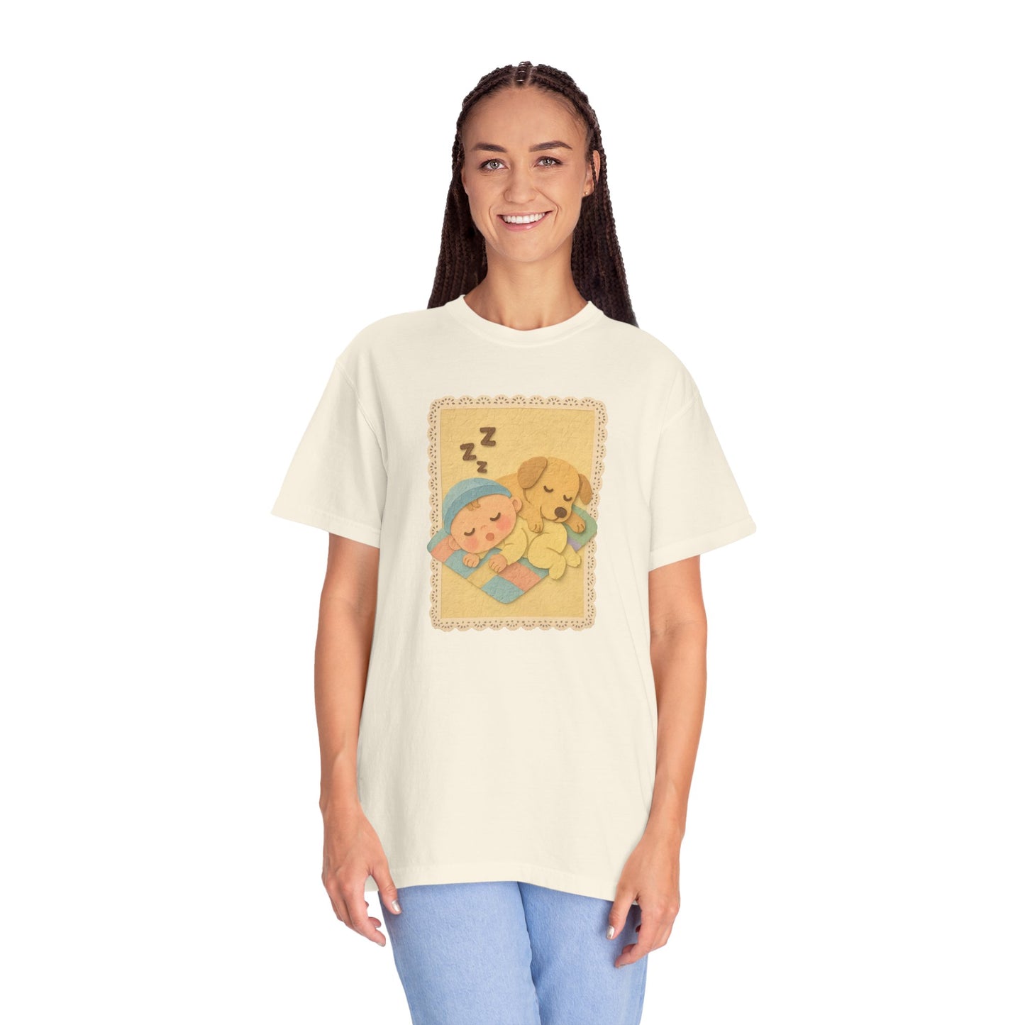 Cute Dreamy T-Shirt, Cartoon Sleepy Baby and Puppy Design, Cozy Gift for Kids, Fun Sleepwear, Nursery Decor, Pet Lover Gift