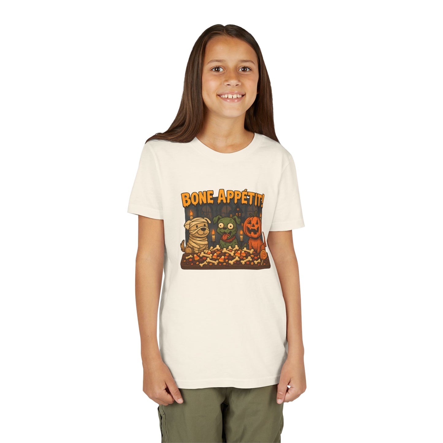 Halloween Kids Tee - Bone Appetit! Funny Short Sleeve Shirt for Trick or Treat, Spooky Season, Gift for Kids